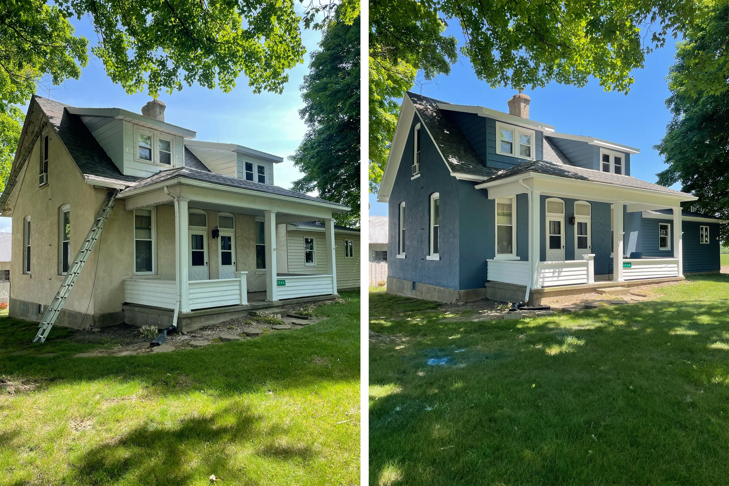 Side-by-side of a house before and after exterior renovation. The left shows an aged beige house with a ladder leaning against it, while the right displays a freshly painted blue house with white trim and new siding. Both have porches and are surroun