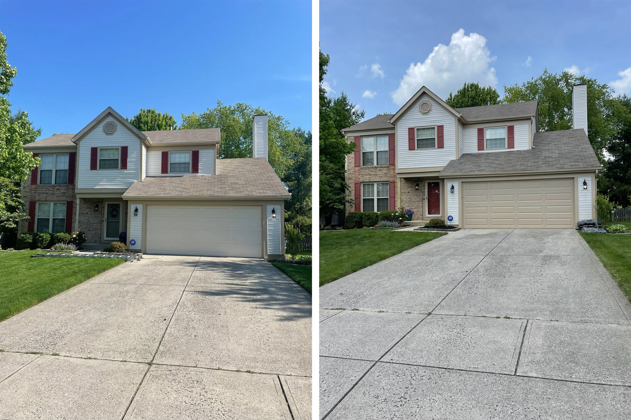 Comparison of two nearly identical houses showing the same front view, including driveway, garage, shrubs, and front door, with minor differences in lighting and shadow.