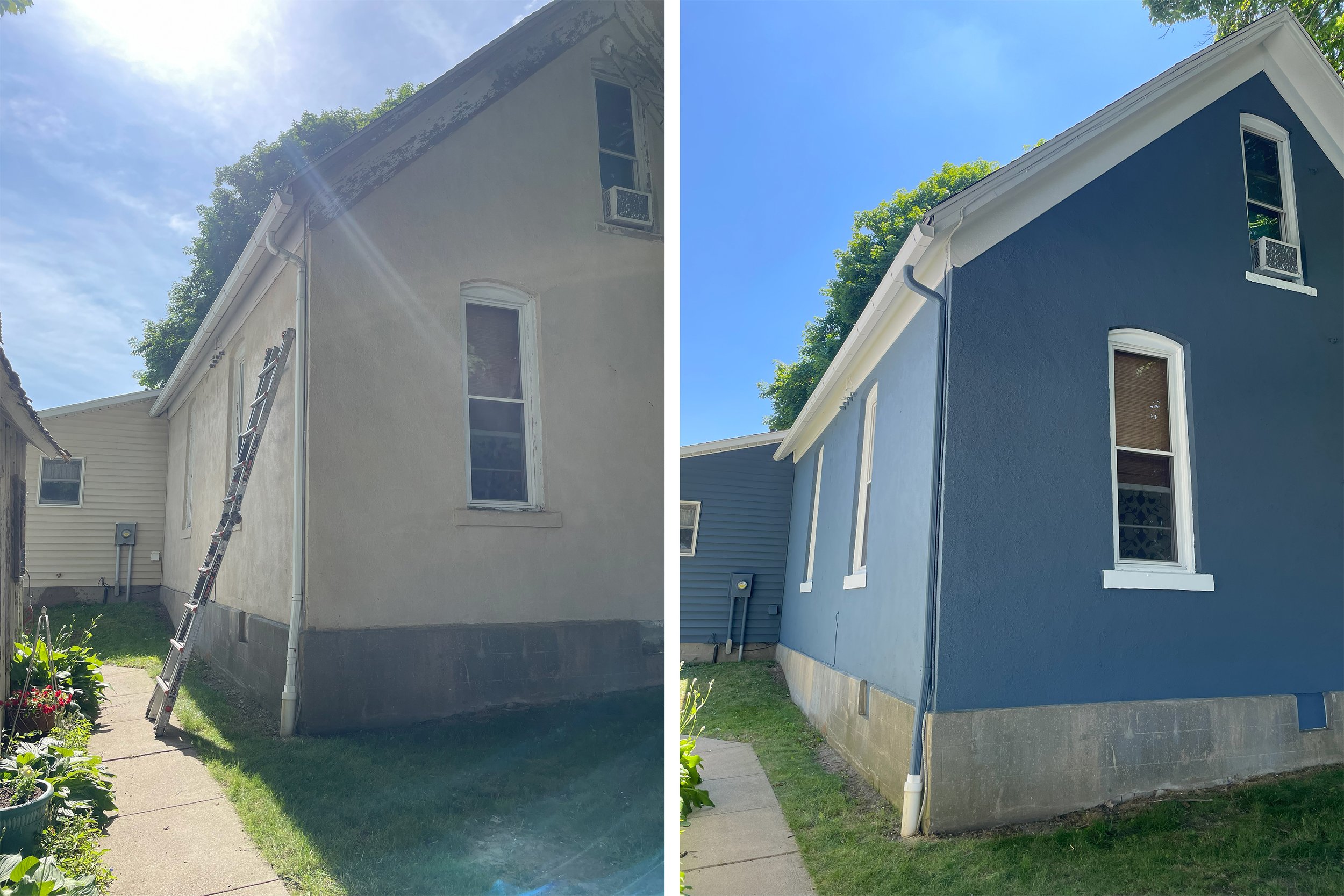 Side-by-side comparison of a house before and after painting, showing the left side unpainted with a weathered beige exterior and the right side freshly painted in bright blue, with white trim around the windows and gutter, under a clear blue sky.