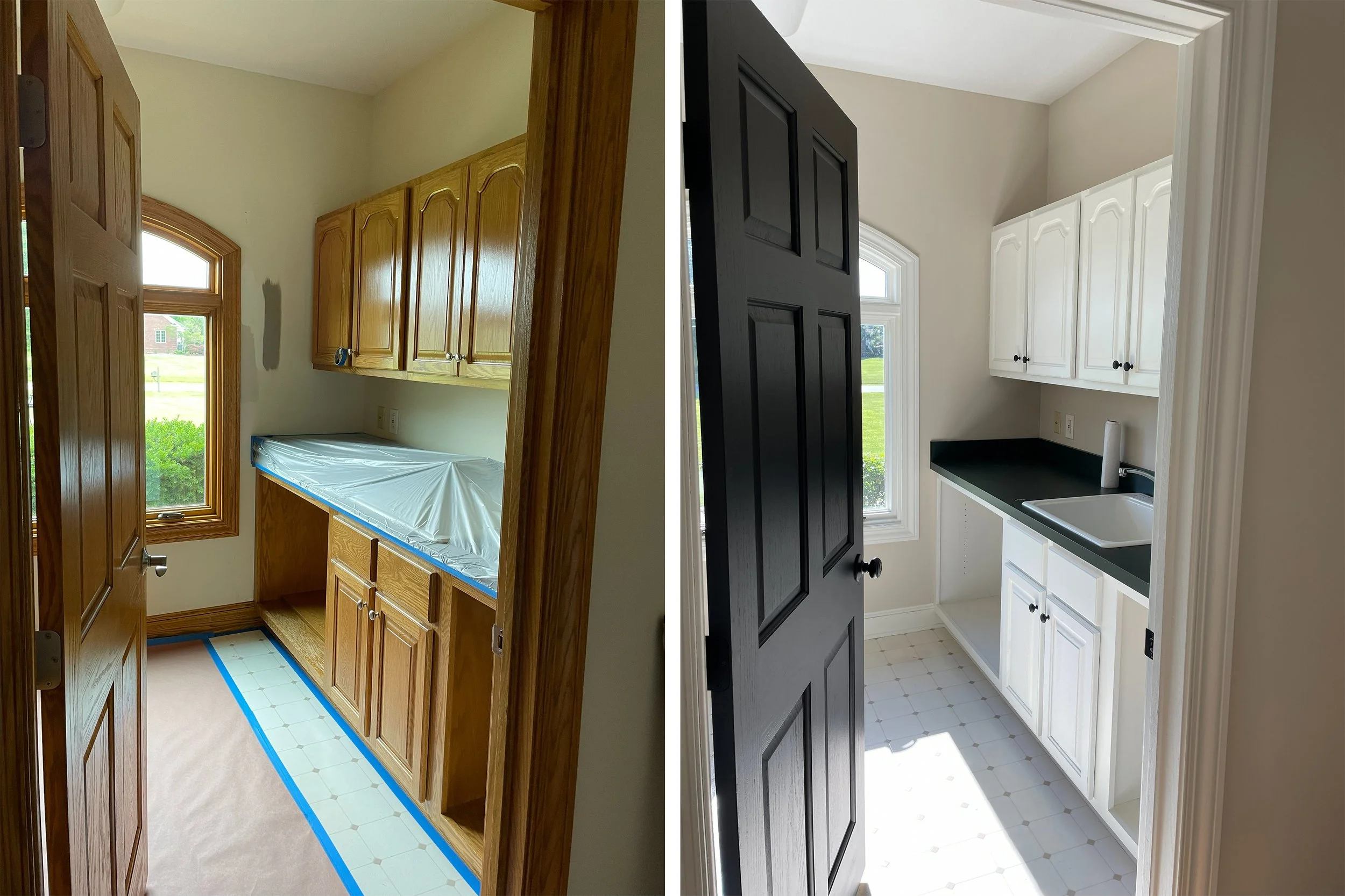 Before and after images of a kitchen renovation showing the transformation from an older, wood-paneled kitchen with natural wood cabinets to a modern white kitchen with black countertops and white cabinets.