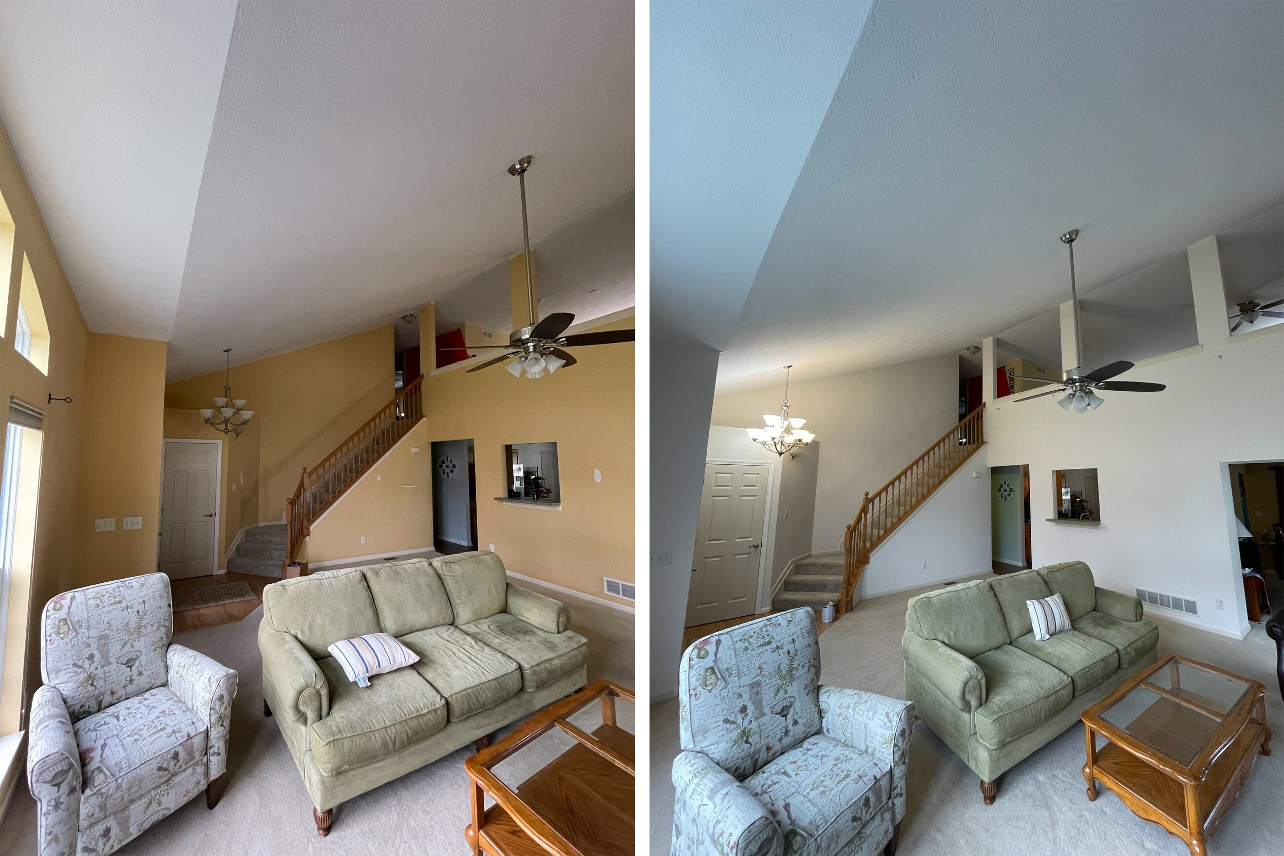 Side-by-side comparison of a living room before and after painting. The left side shows walls painted yellow, while the right side shows the walls painted white.