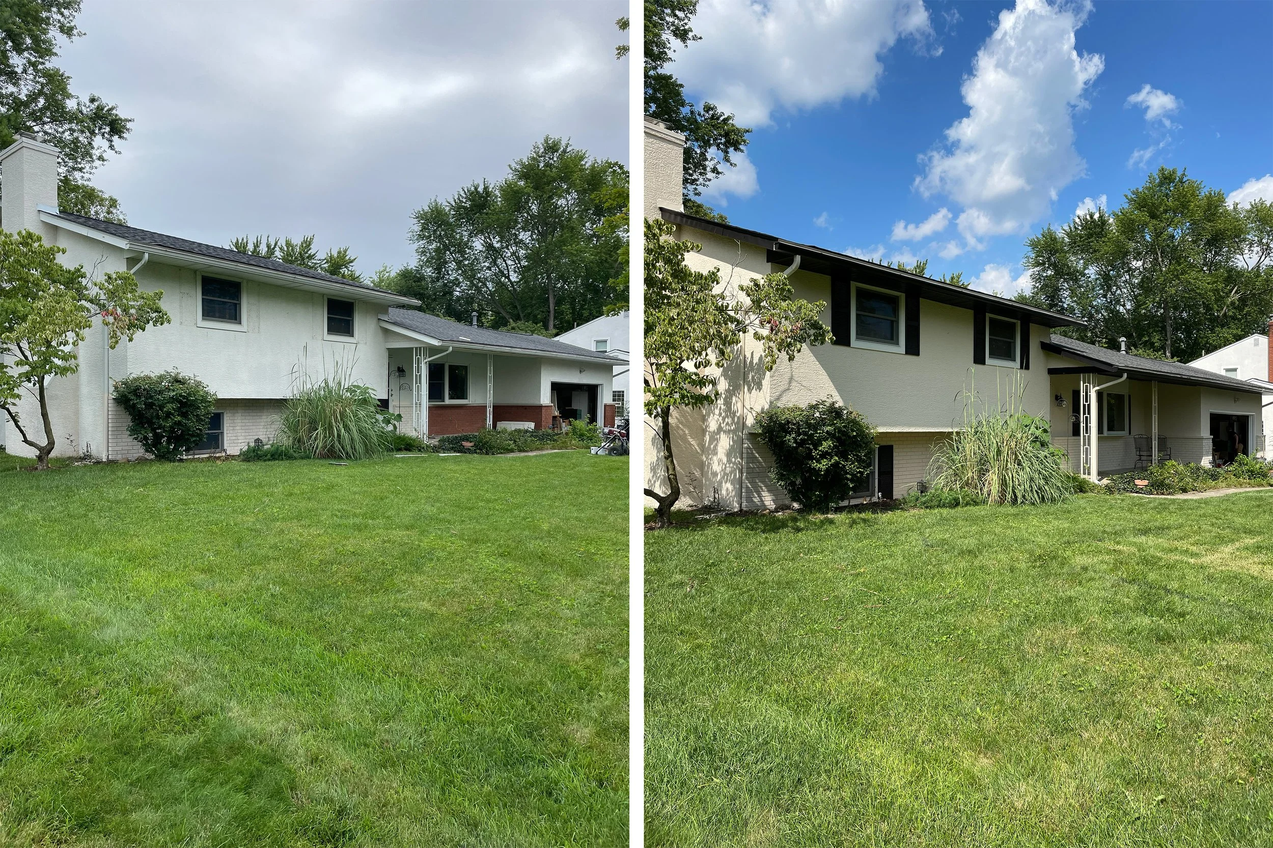Side-by-side comparison of a house before and after being painted. The left side shows an earlier version with white walls and some uneven paint, while the right side shows the house after a fresh coat of light-colored paint with cleaner and more def