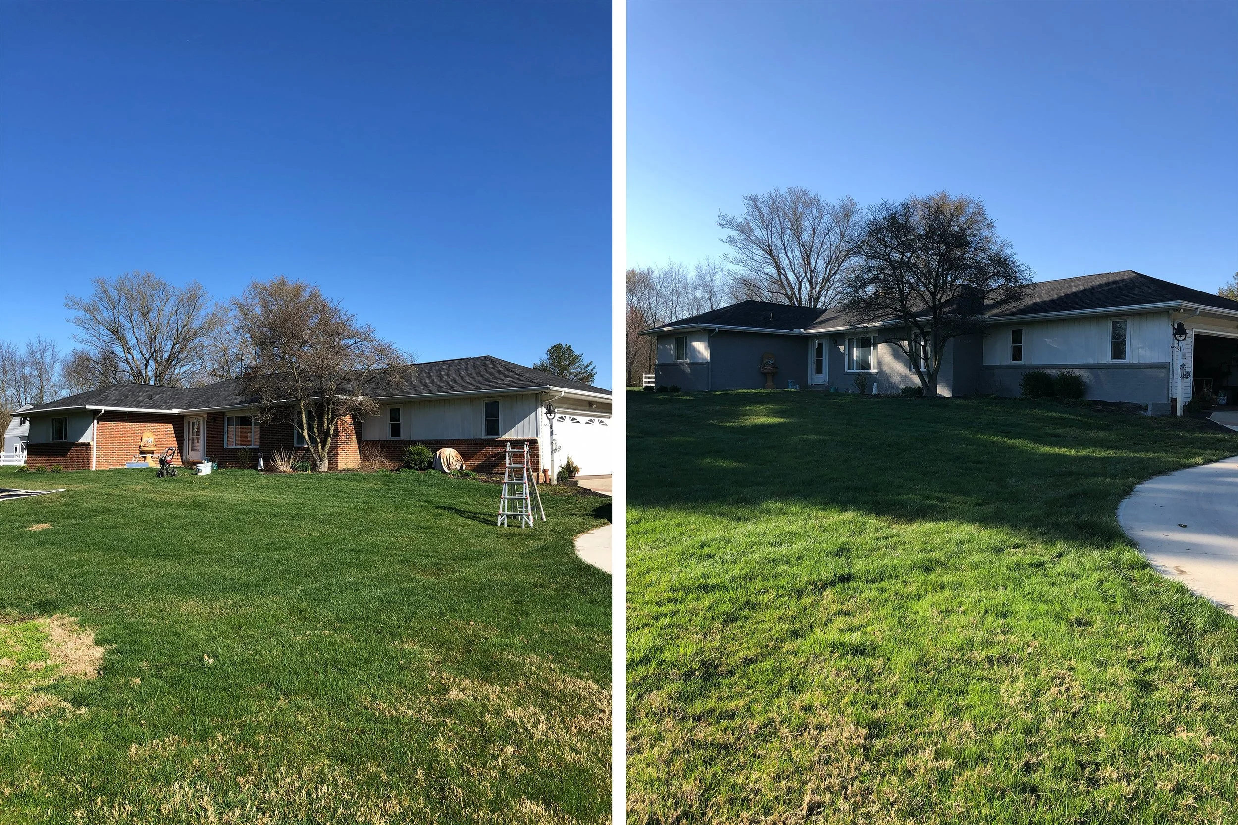 Comparison of two yard landscapes in front of a house, showing the yard before and after grass treatment, with a house and trees in the background and a clear blue sky.
