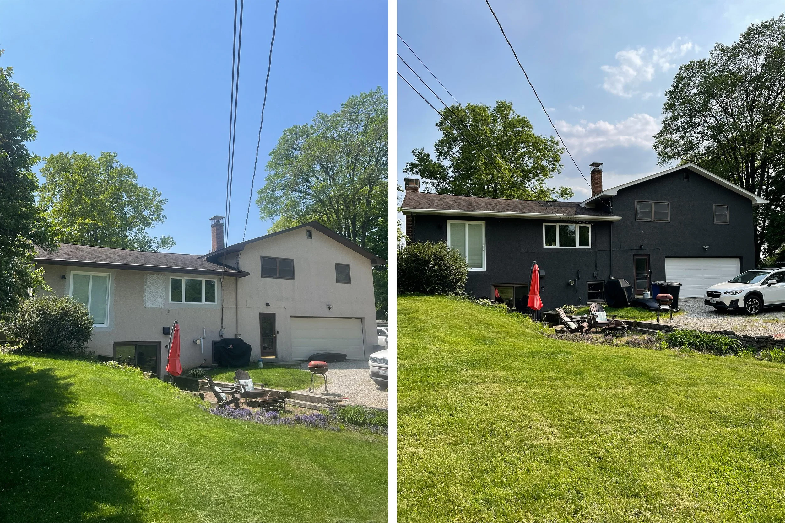 Side-by-side comparison of a house exterior, showing the same house painted in light gray on the left and dark gray on the right, with a green lawn and outdoor furniture in the yard.