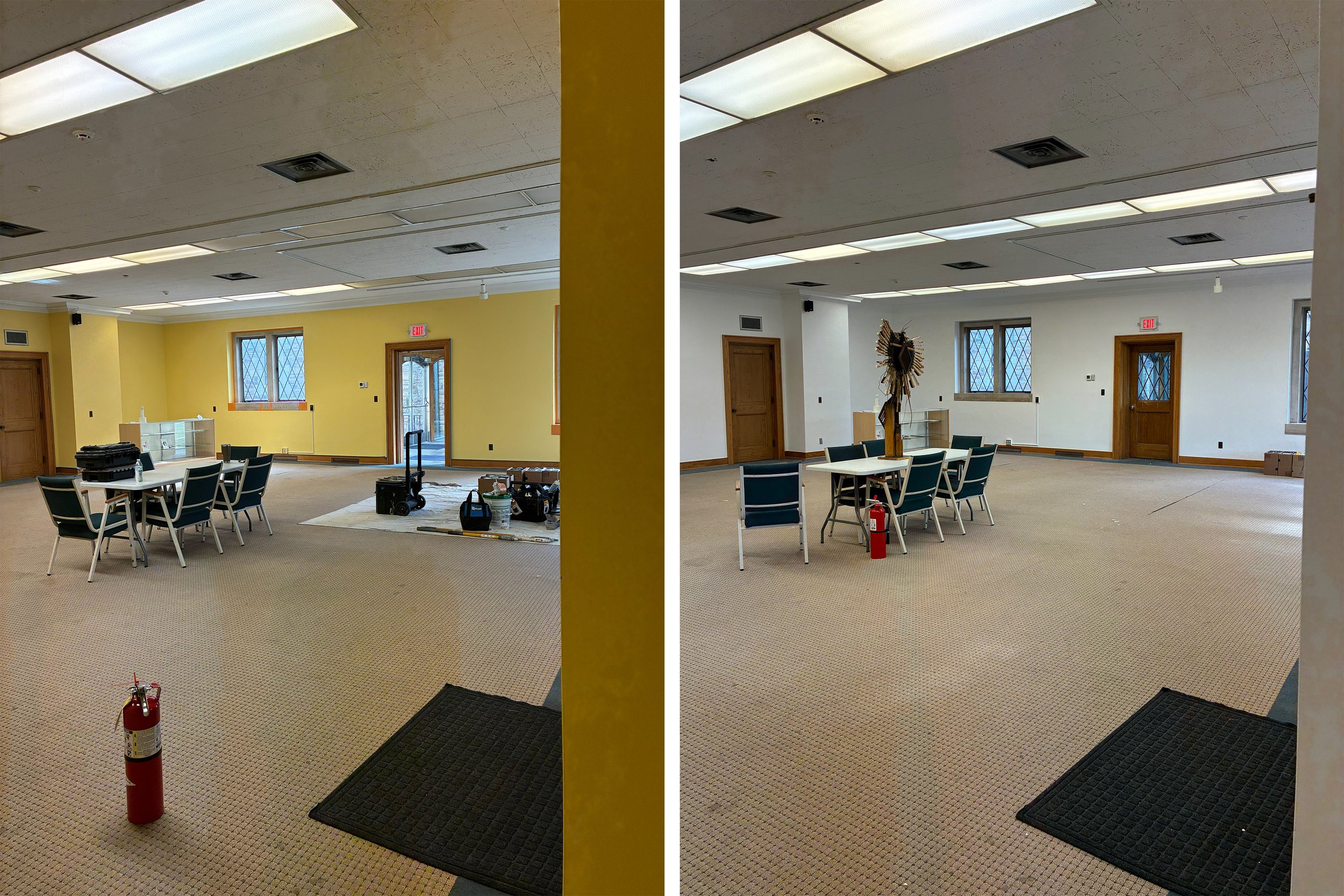 Side-by-side comparison of an interior room before and after cleaning or renovation. The left side shows a cluttered space with yellow walls, a table with chairs, and cleaning equipment on a rug. The right side shows the same space cleaned, with whit