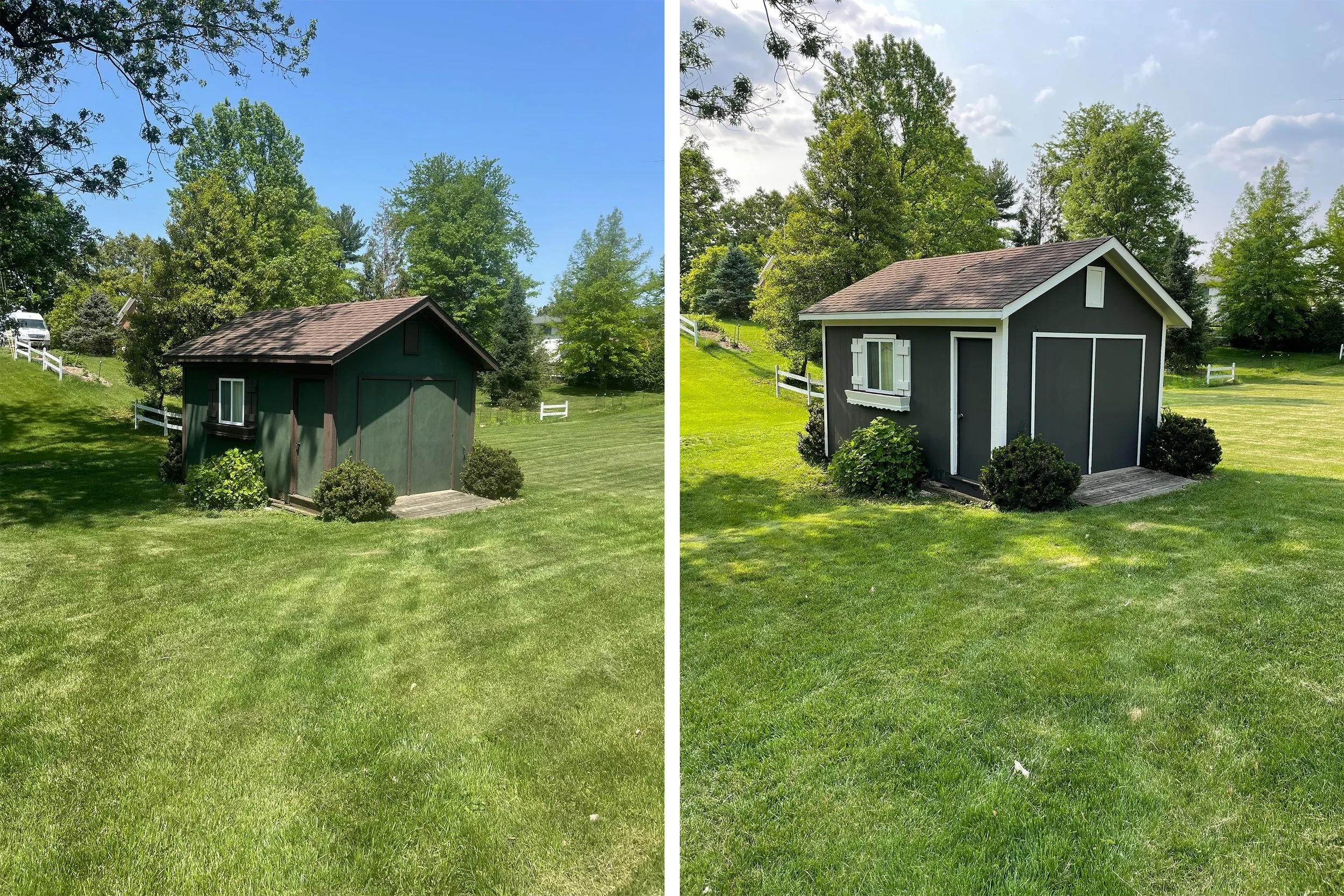 Side-by-side comparison of a small green garden shed in a grassy backyard. The left image shows the shed with darker, weathered paint, while the right image shows the shed with freshly painted, brighter appearance and white trim. Both images feature 
