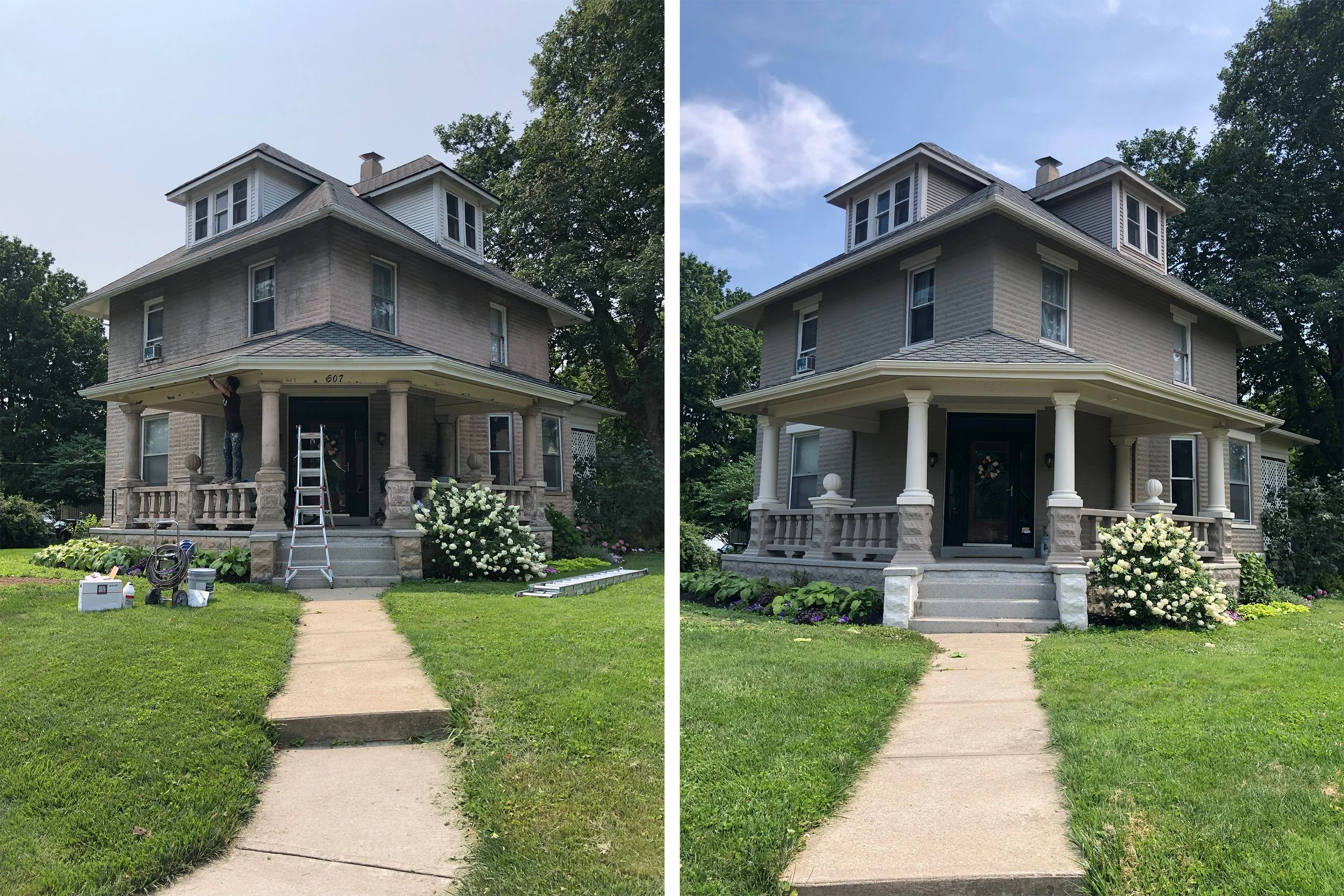 Side-by-side comparison of a two-story house before and after renovation, showing the house's front porch and exterior with new paint and landscaping.