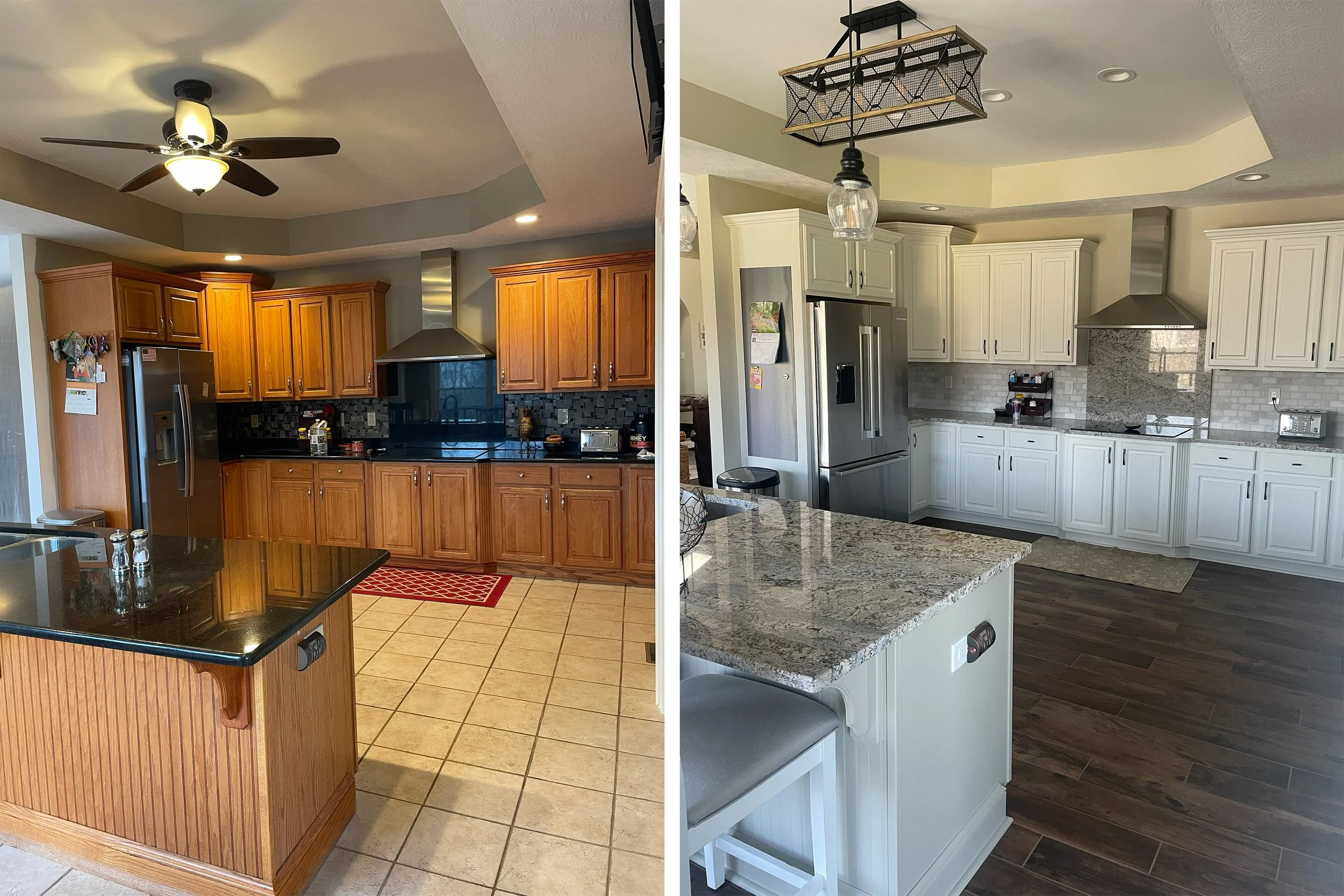 Side-by-side comparison of two kitchens, one with wooden cabinets and black countertops, the other with white cabinets and granite countertops.