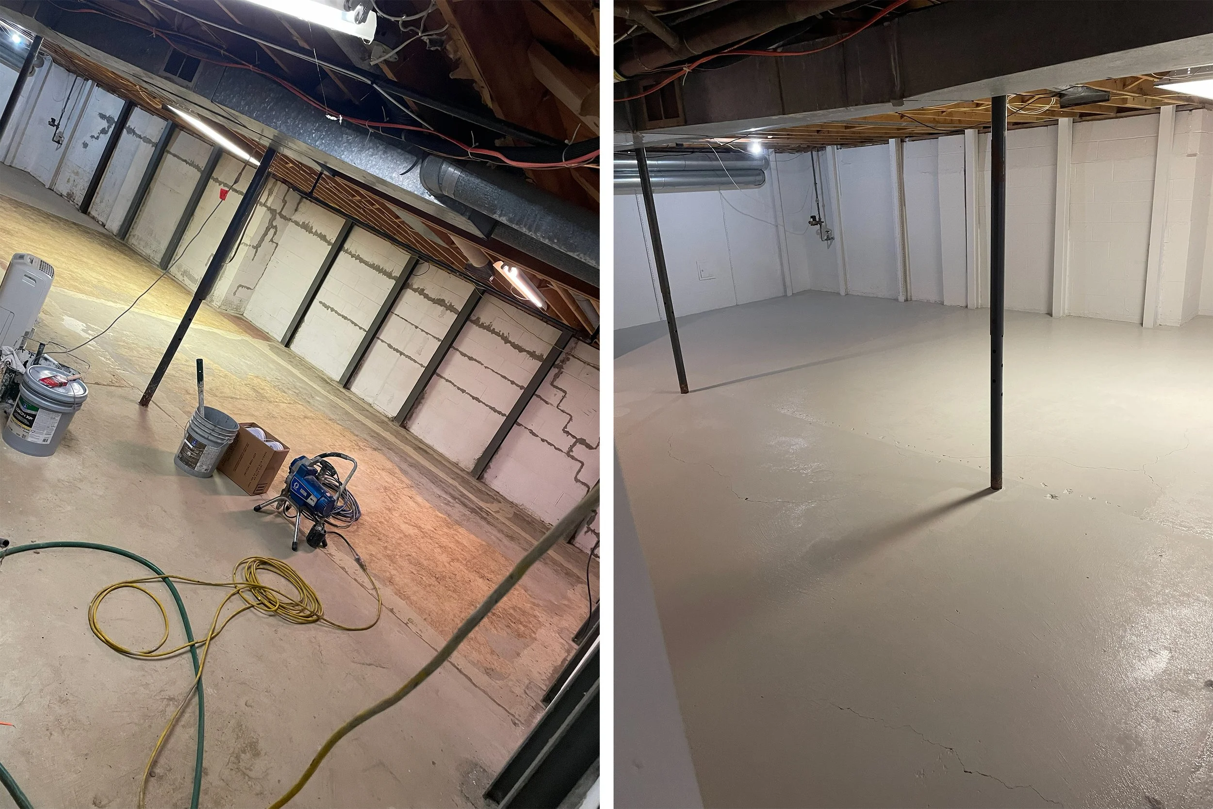 Comparison of a basement renovation before and after: the left side showing construction with tools, wires, and unfinished walls, and the right side showing a finished, painted, and clean basement.