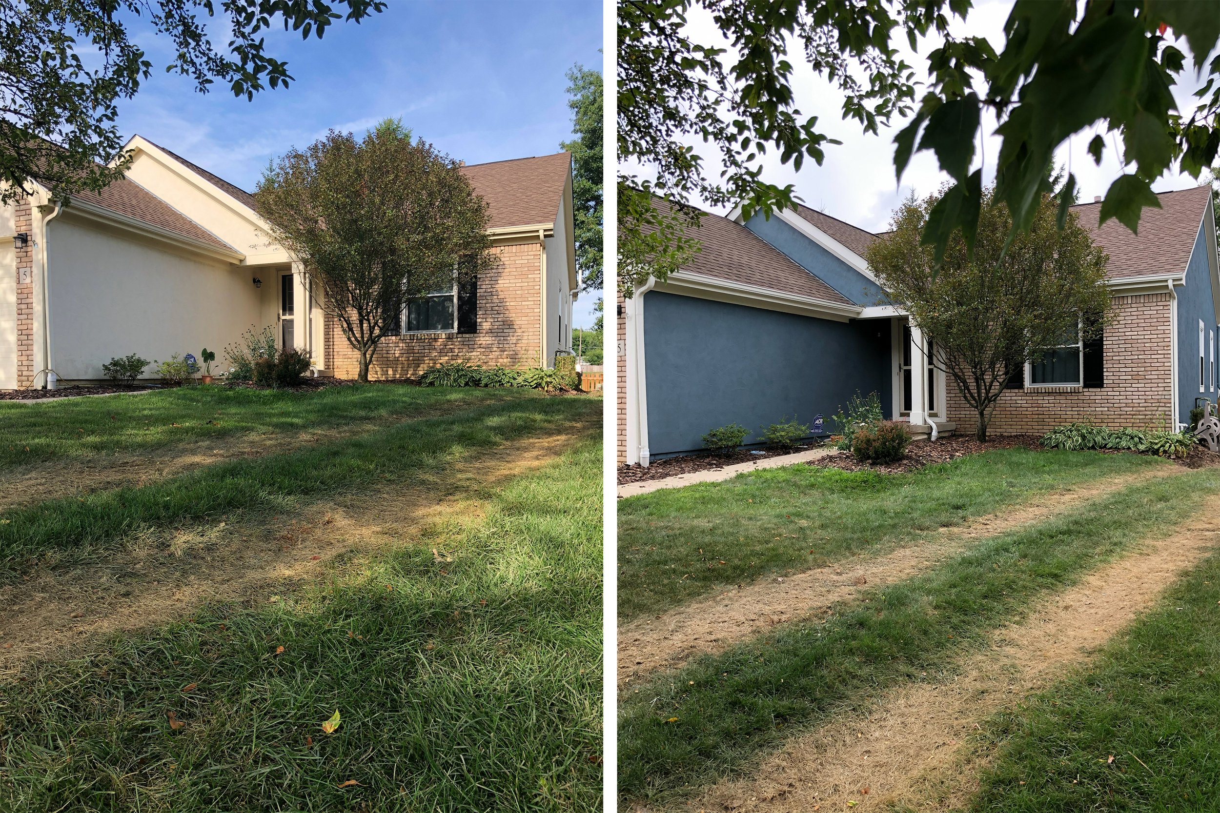 Side-by-side photos of a house, with the left showing the house before landscaping and the right showing after landscaping with painted exterior wall, new plants, and a trimmed lawn.