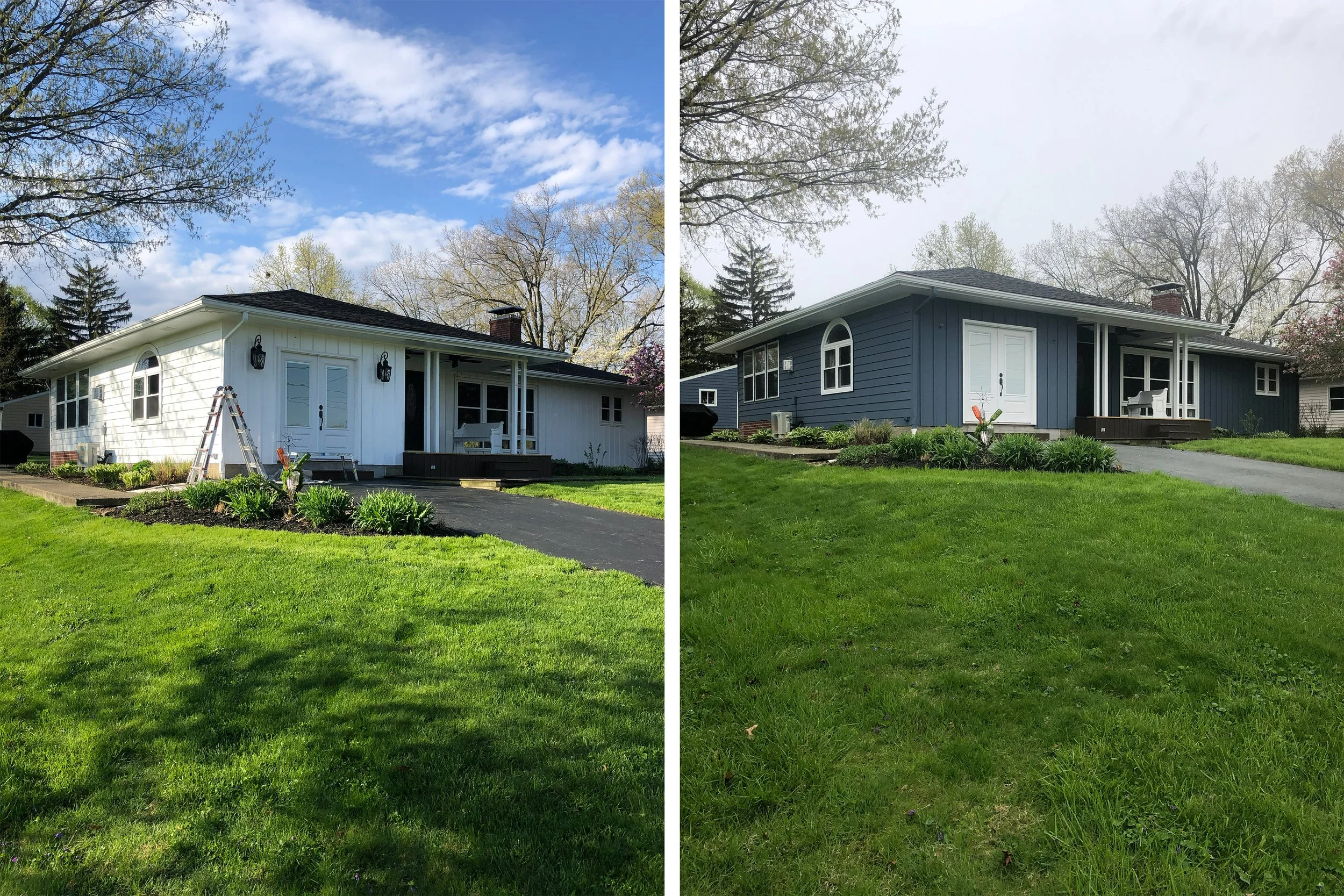 Side-by-side comparison of a house before and after exterior repainting. The left shows a house with white siding, and the right shows the same house with blue siding. Both images include front yards with green grass and trees.
