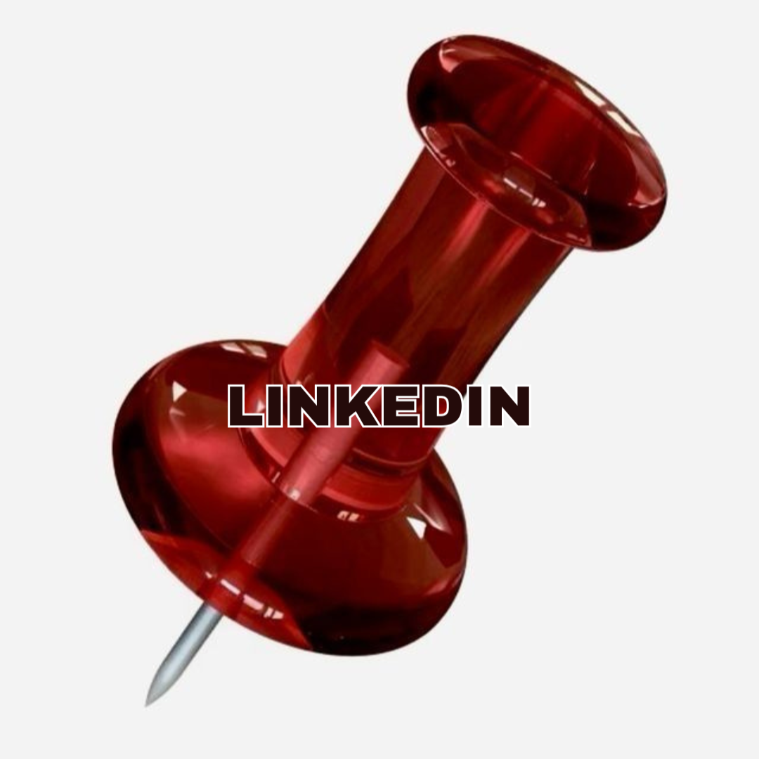 Red translucent pushpin with the word 'LinkedIn' written across it.