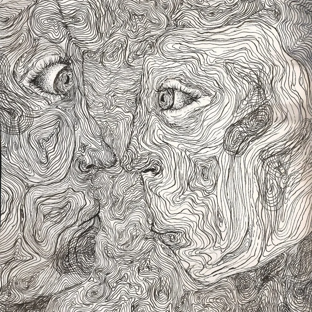 black ink drawing with intricate design and shading over white canvas paper