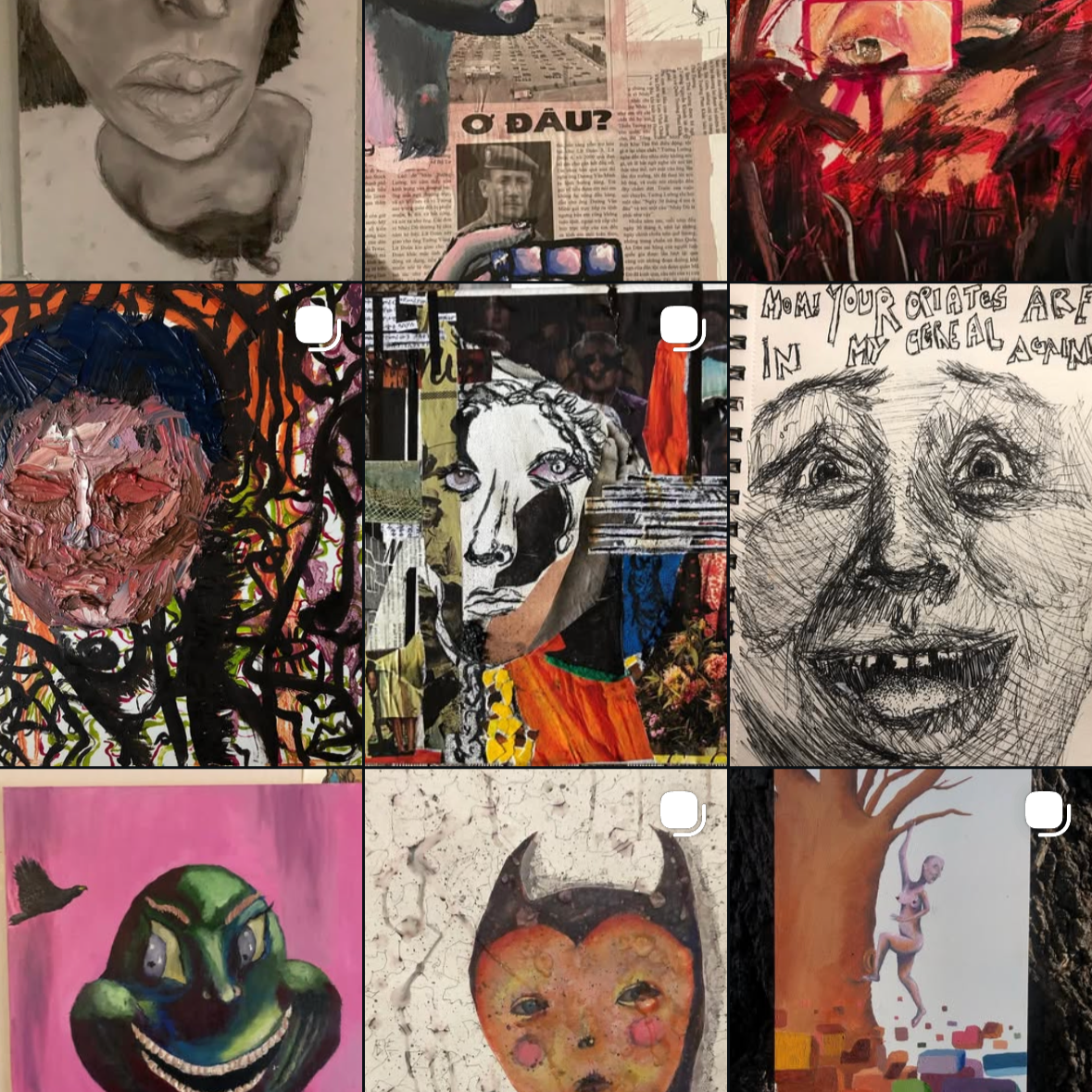 grid image of different works of art by christian aynalem with a link attached to view instagram