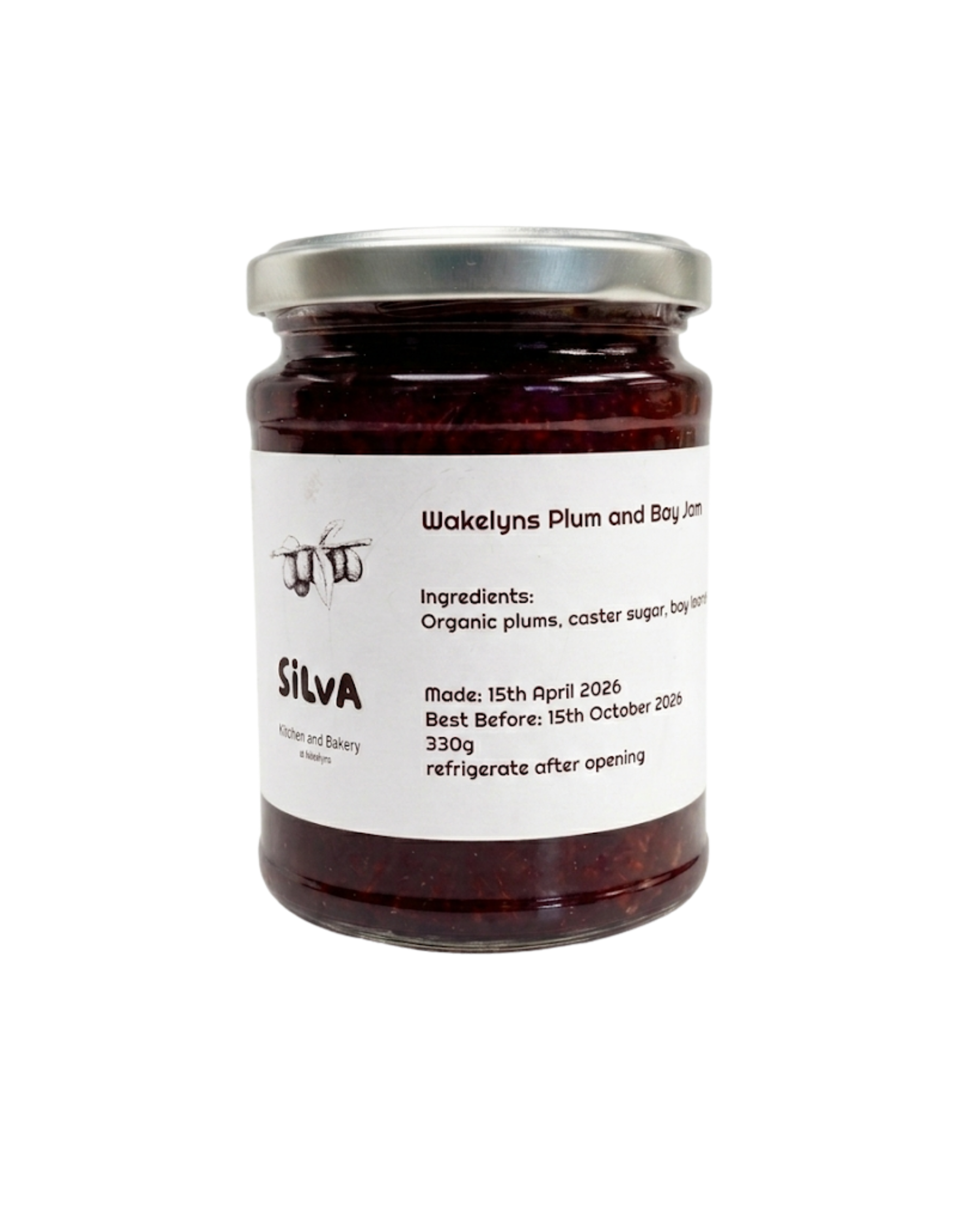 A jar of Wakelyns Plum and Boy Jam with a metal lid and a white label showing ingredients and production information.