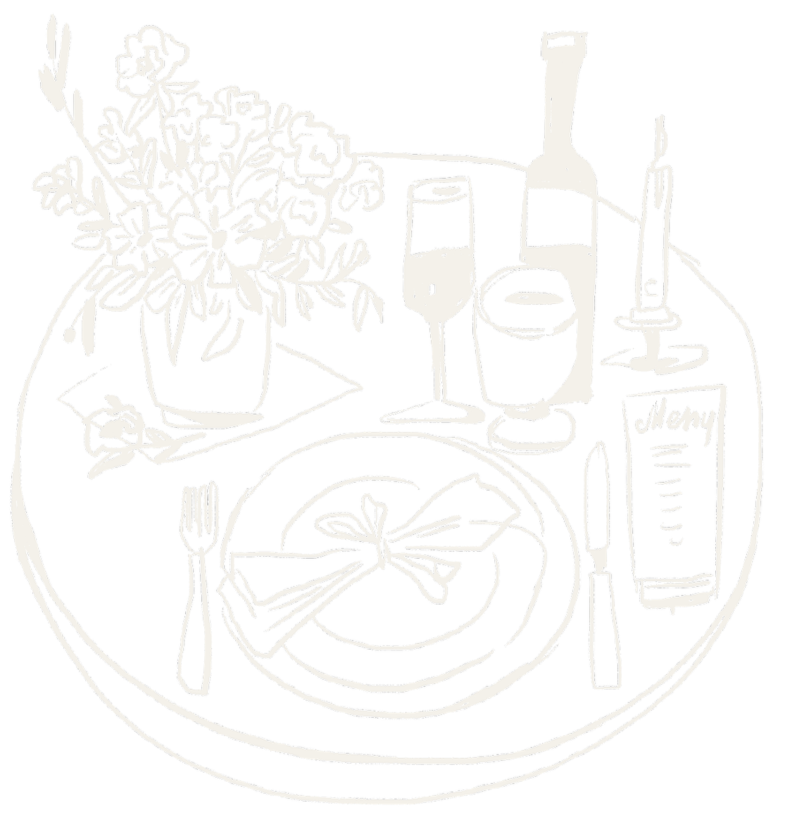Line drawing of a dining table set for a meal with a plate, fork and knife, a wrapped napkin, a potted plant with flowers, a glass of beverage, a bottle, a candle, and a menu on the table.