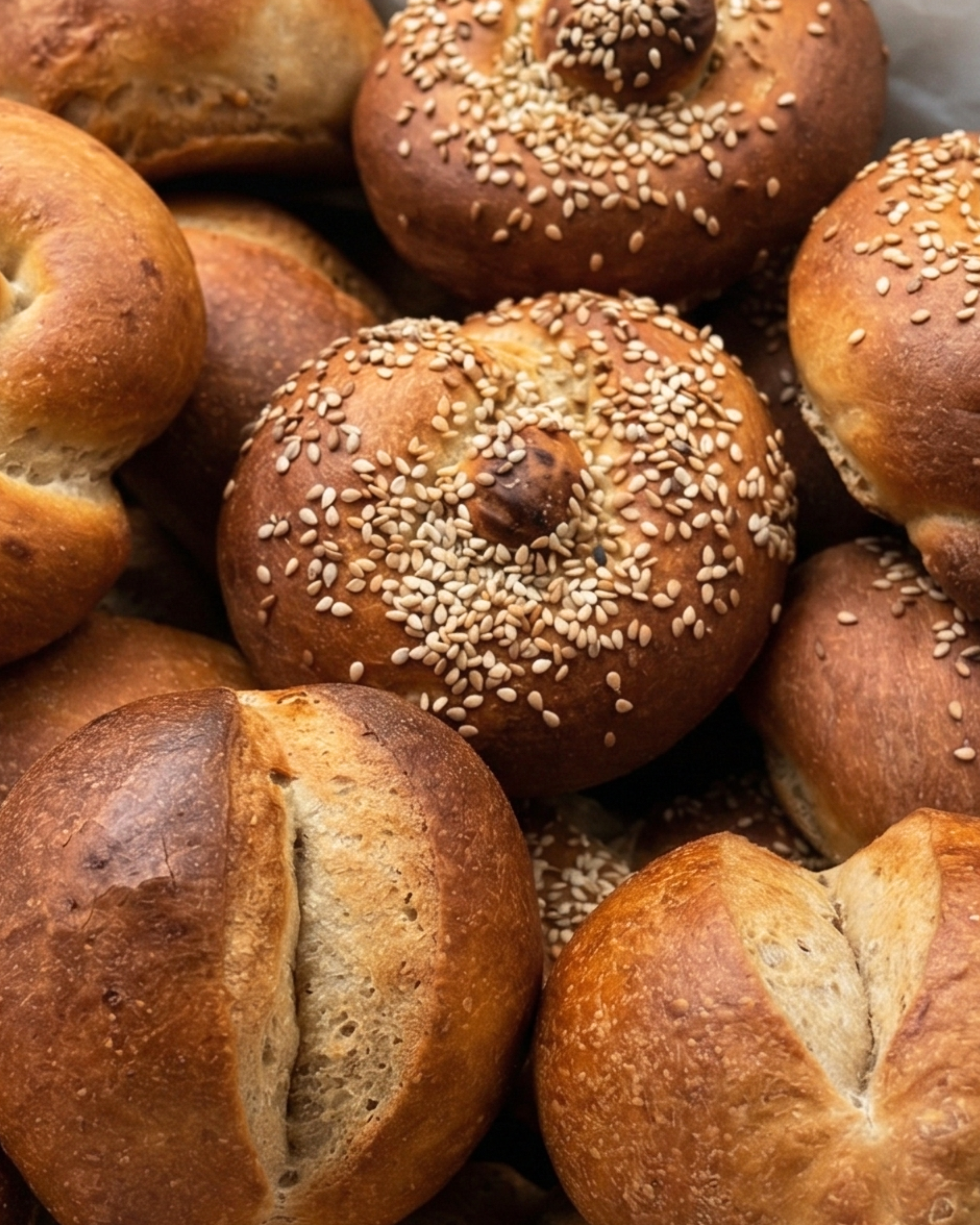 Close-up of freshly baked bread rolls, some topped with sesame seeds and others plain.