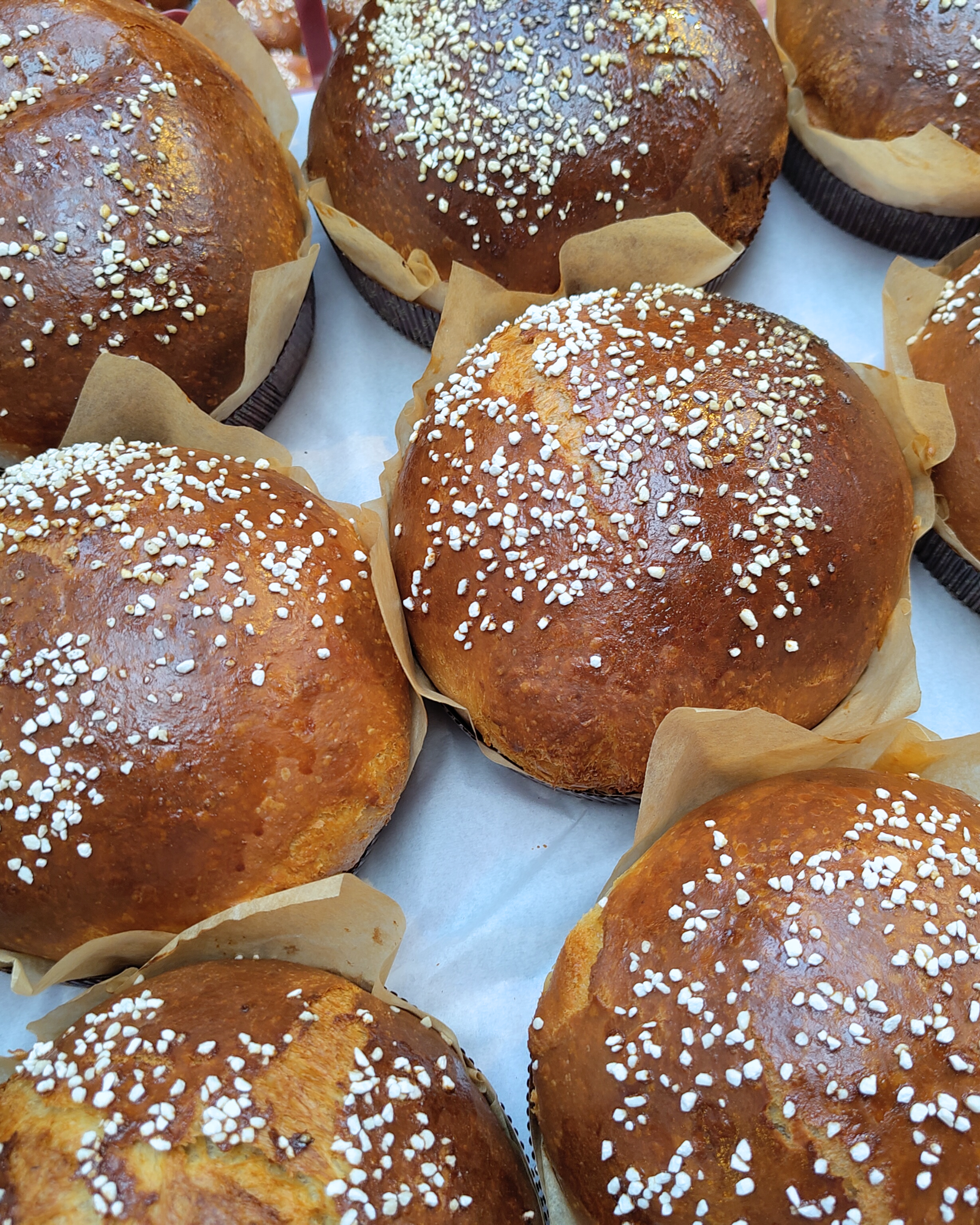 Close-up view of several freshly baked bread rolls with a shiny, golden-brown crust, topped with white sugar crystals, in paper liners.