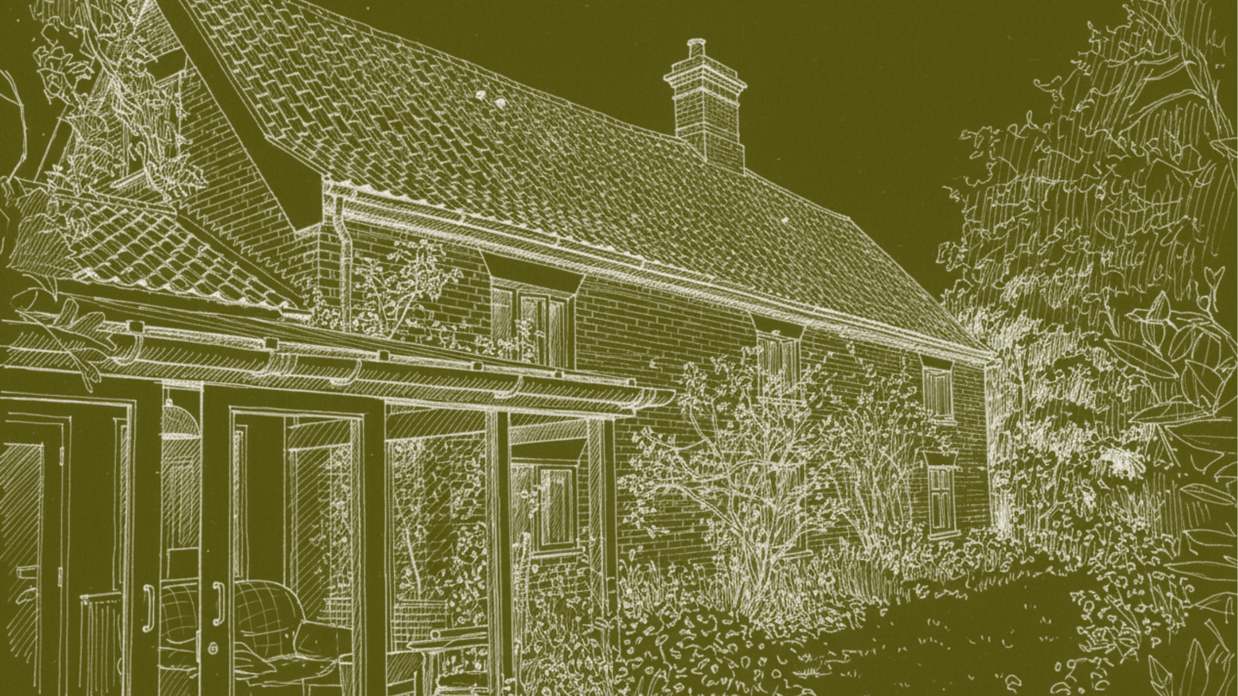 Line art of a house with a brick exterior, multiple windows, a sloped tiled roof, and a chimney, surrounded by trees and garden plants.
