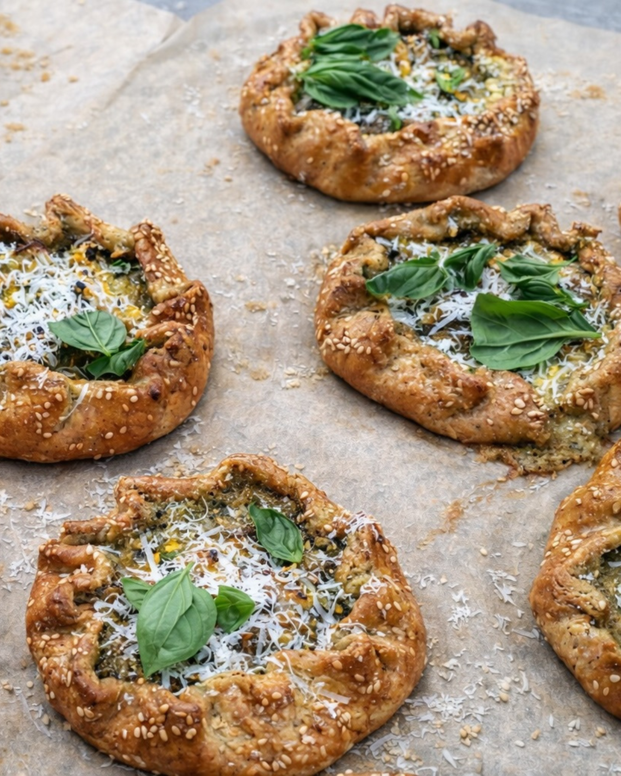 Four baked bread dough rings topped with shredded cheese, basil leaves, and sesame seeds, on parchment paper.