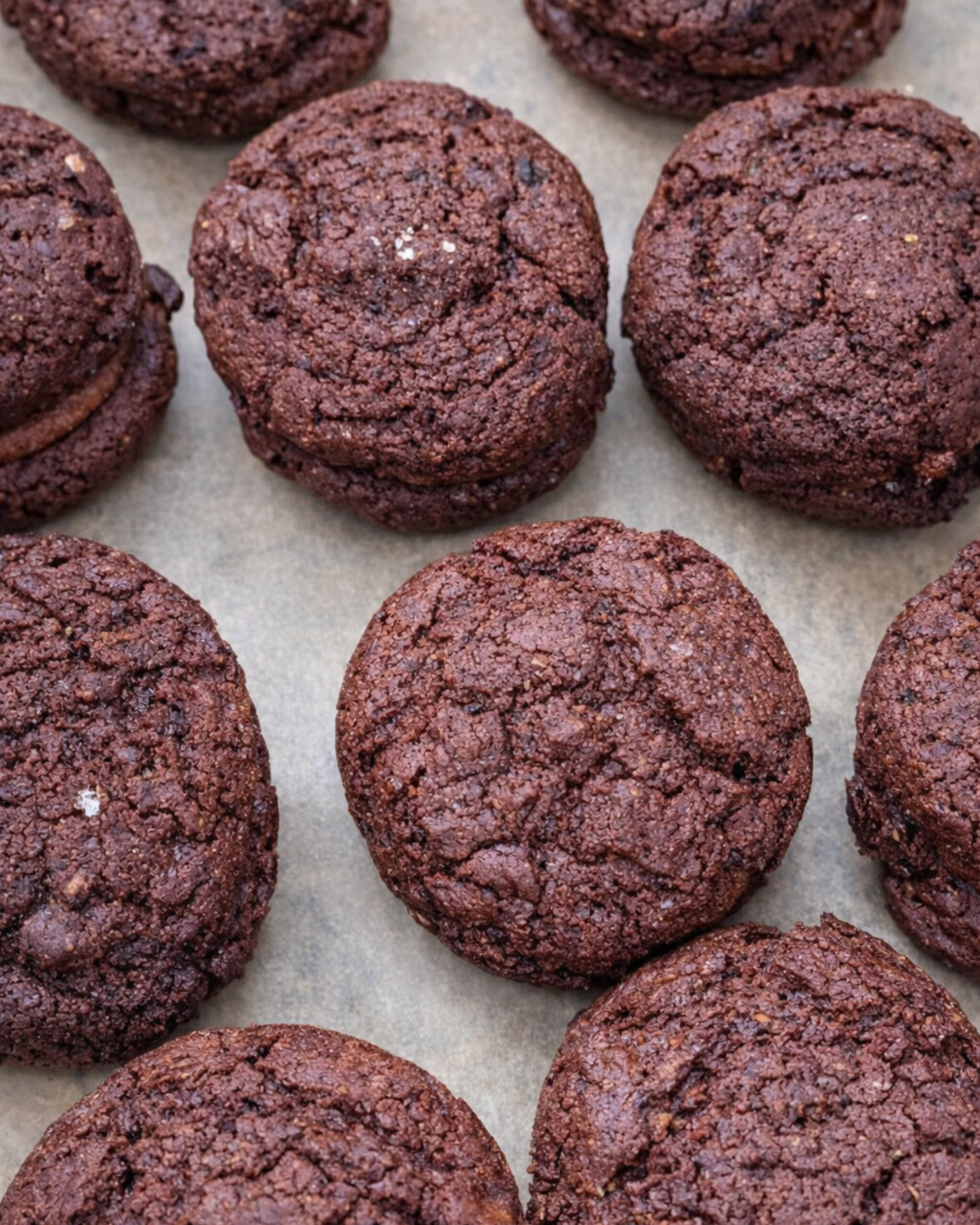 Close-up view of multiple round, dark brown, crumbly cookies arranged on a light-colored surface.
