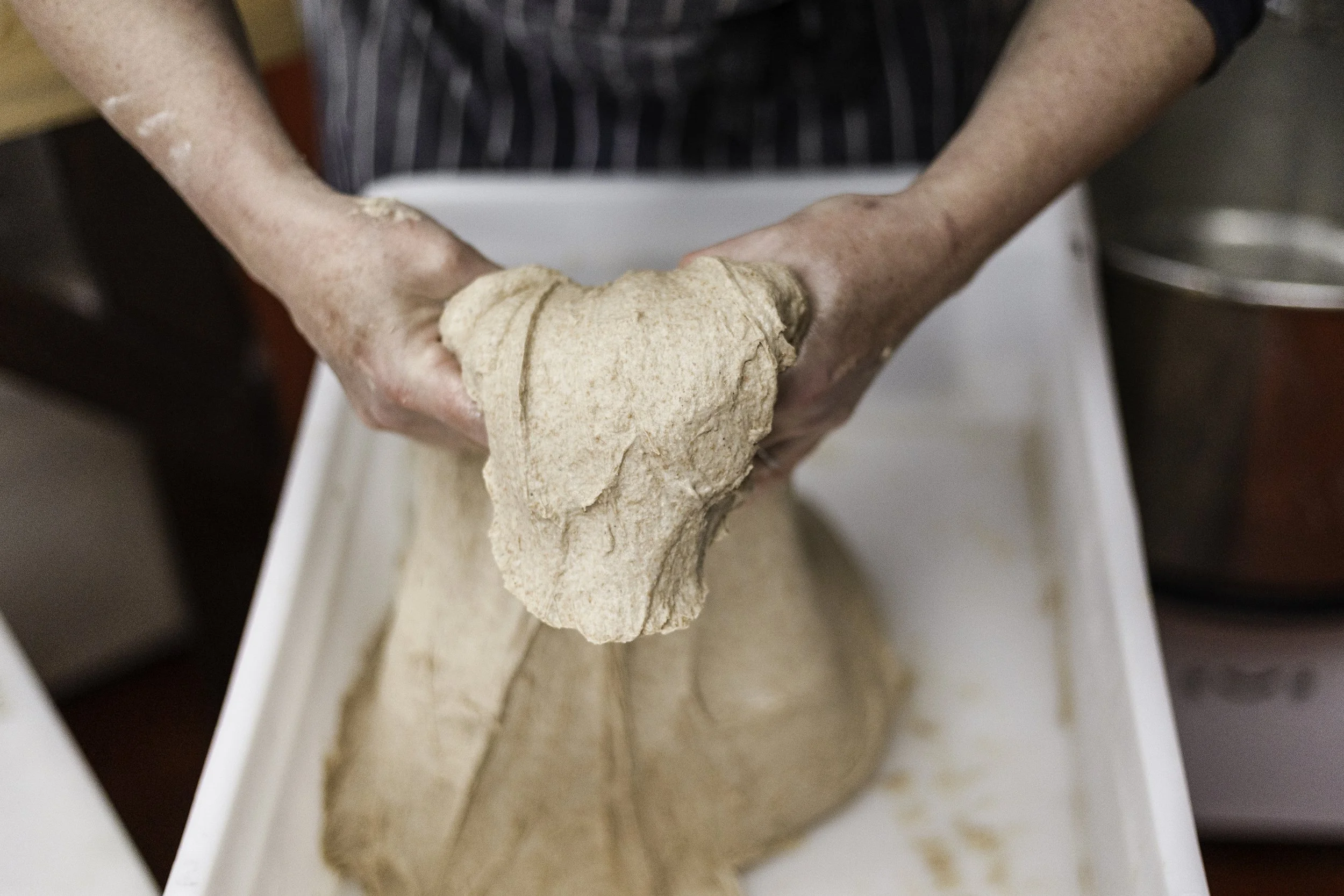 A person kneading dough with their hands in a kitchen setting.