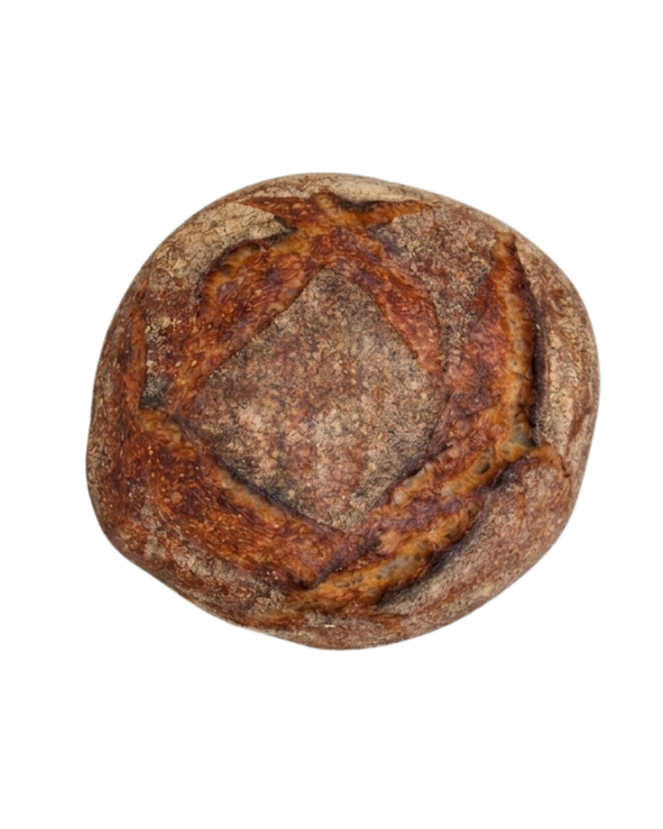 Close-up of a rustic round loaf of bread with a cross pattern scored on top, featuring a crusty exterior.