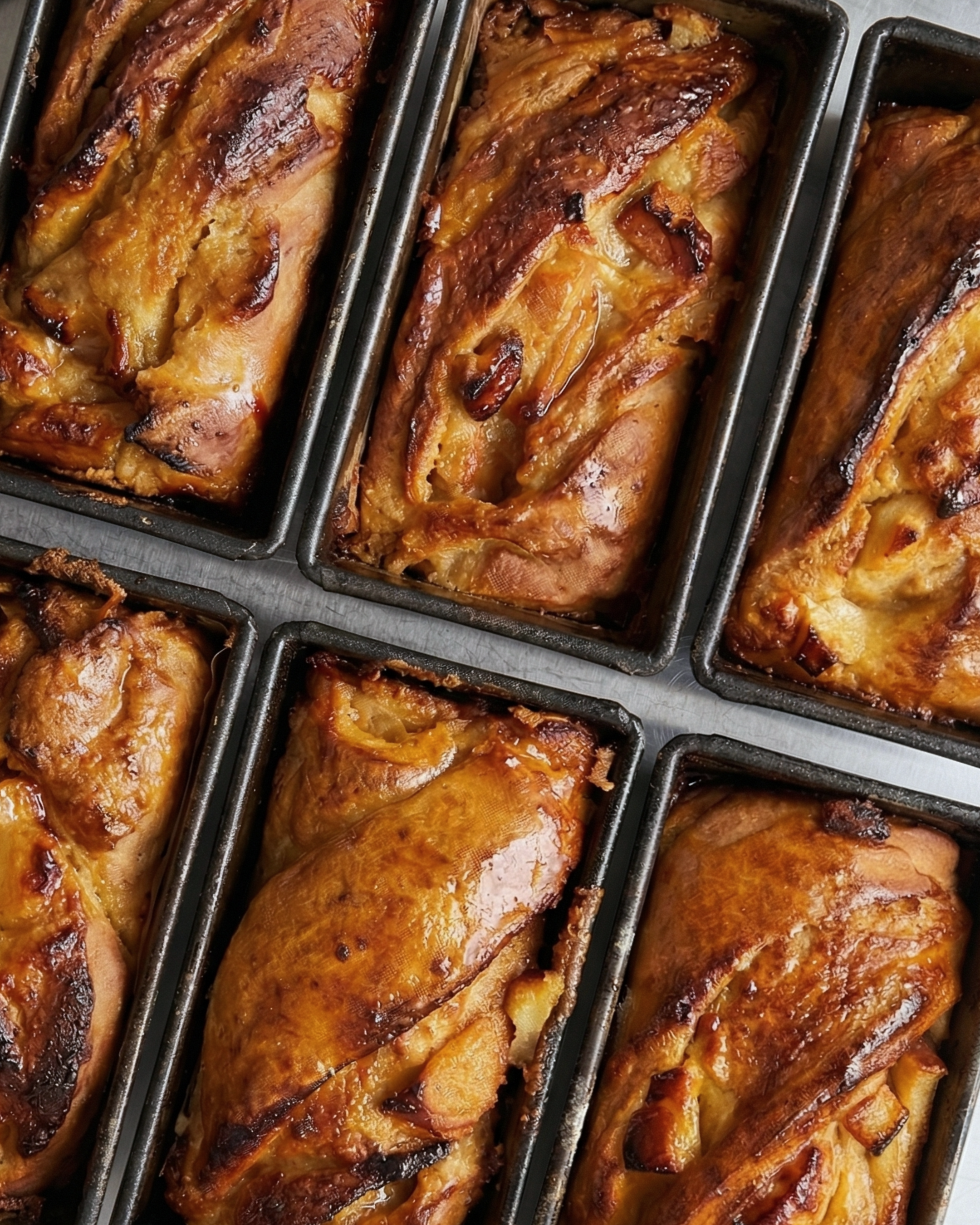 Close-up view of several loaves of baked banana bread with caramelized tops in black metal loaf pans.