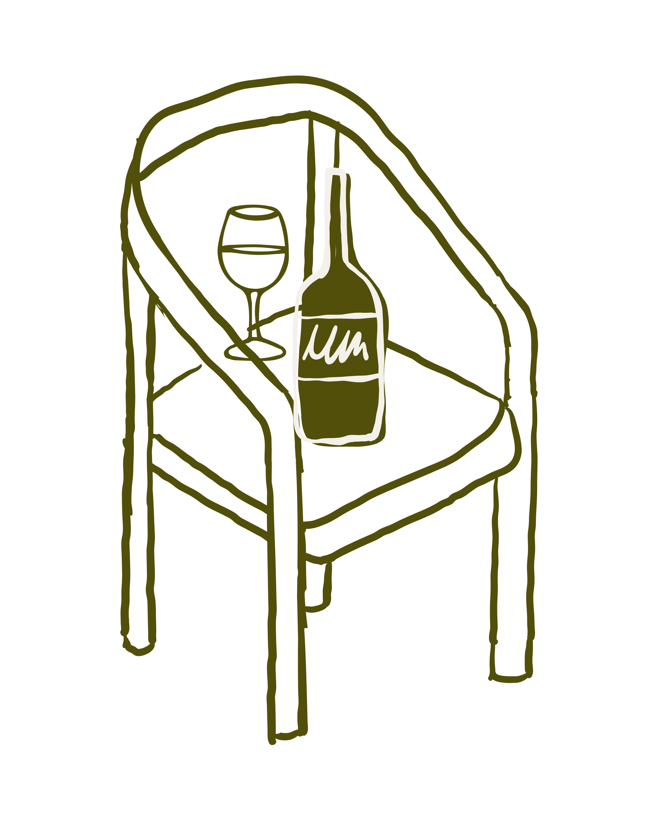 Line drawing of a small table with a bottle and a wine glass on top, behind which is a large window with heavy curtains.
