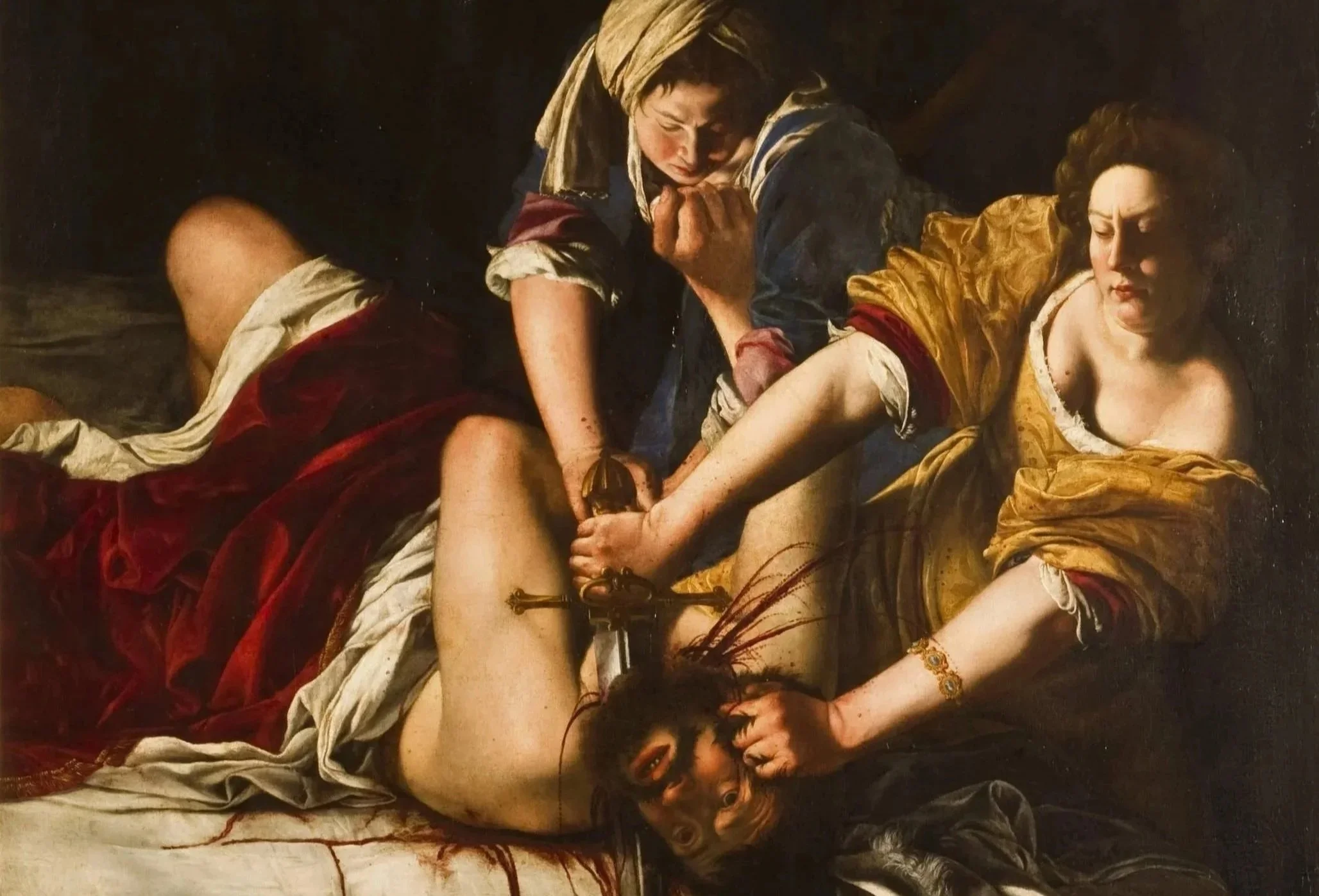 Baroque painting depicting two women attacking a wounded man with a dagger.
