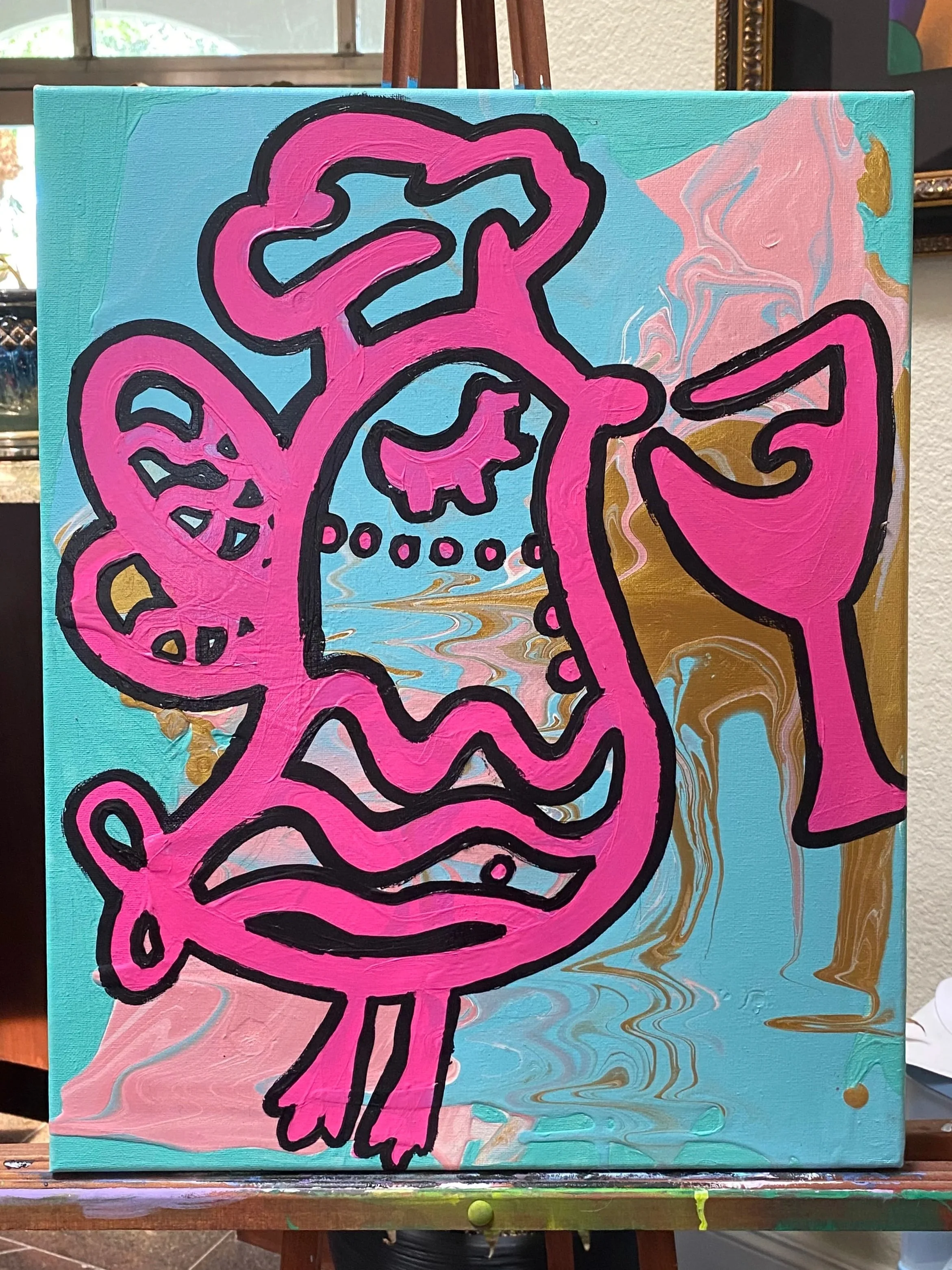 Abstract painting featuring a prominent pink outline of a cartoonish fish with exaggerated features on a vibrant, marbled background of blue, pink, and gold.