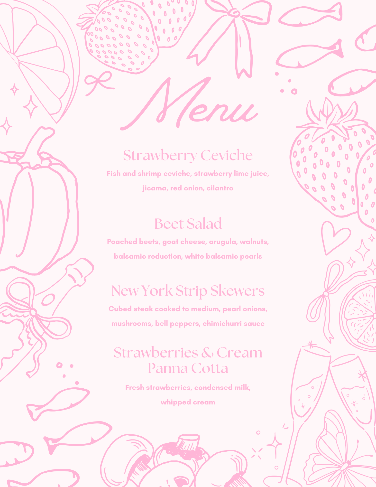 Pink illustrated menu with strawberries, strawberries, lemon slices, a bow, fish, clams, and champagne glasses