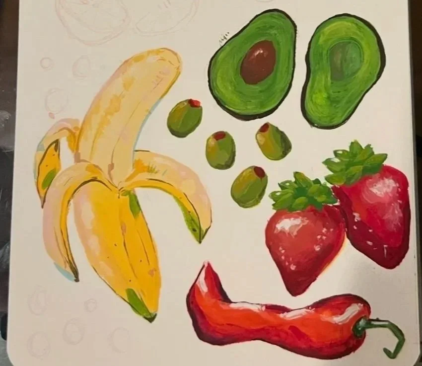 A collection of painted fruits, including a banana, strawberries, avocados, a chili pepper, and small green olives with red spots.