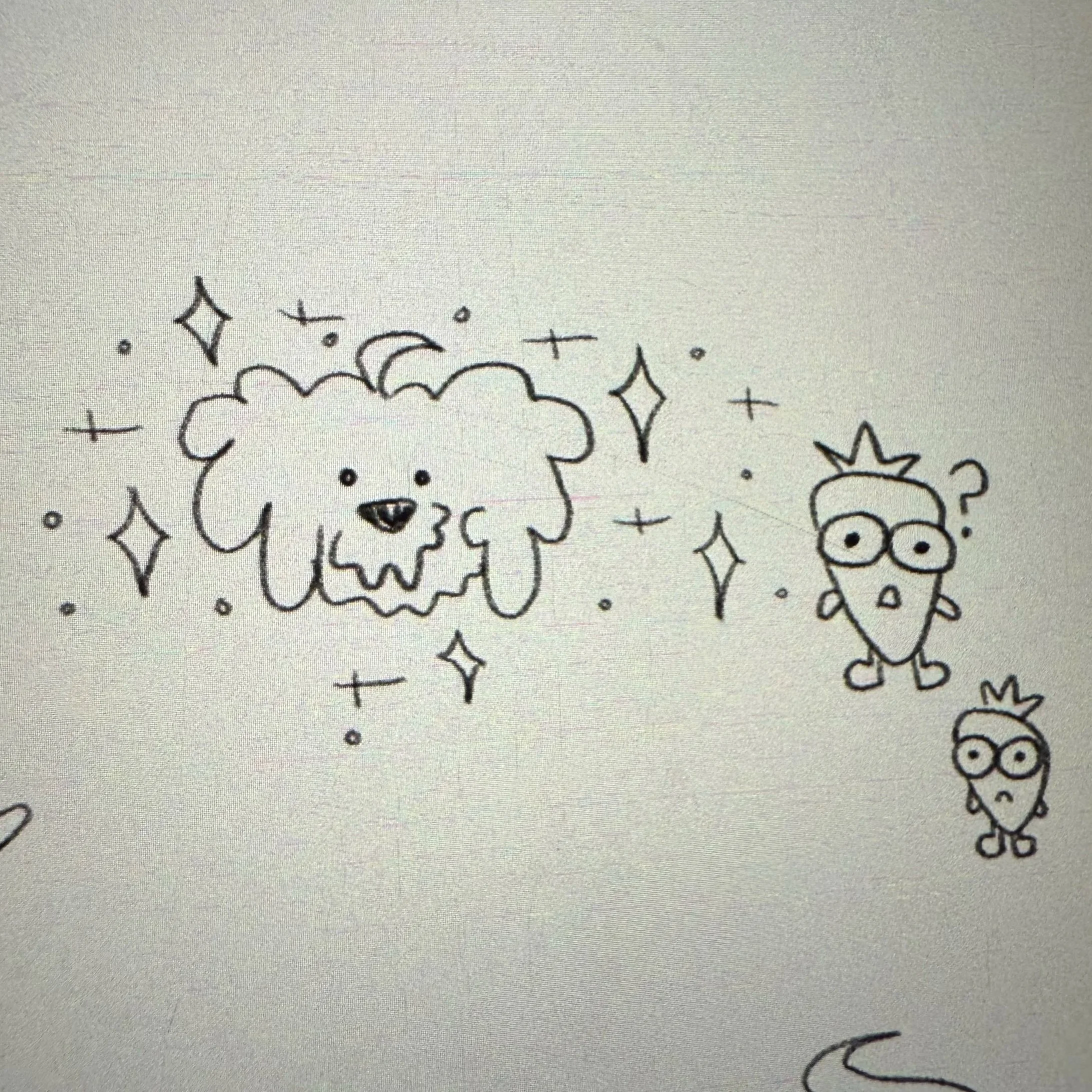 Black line drawing of a fluffy dog with a lion's face, and two cartoon girls with glasses, one with a crown, surrounded by stars and sparkles.
