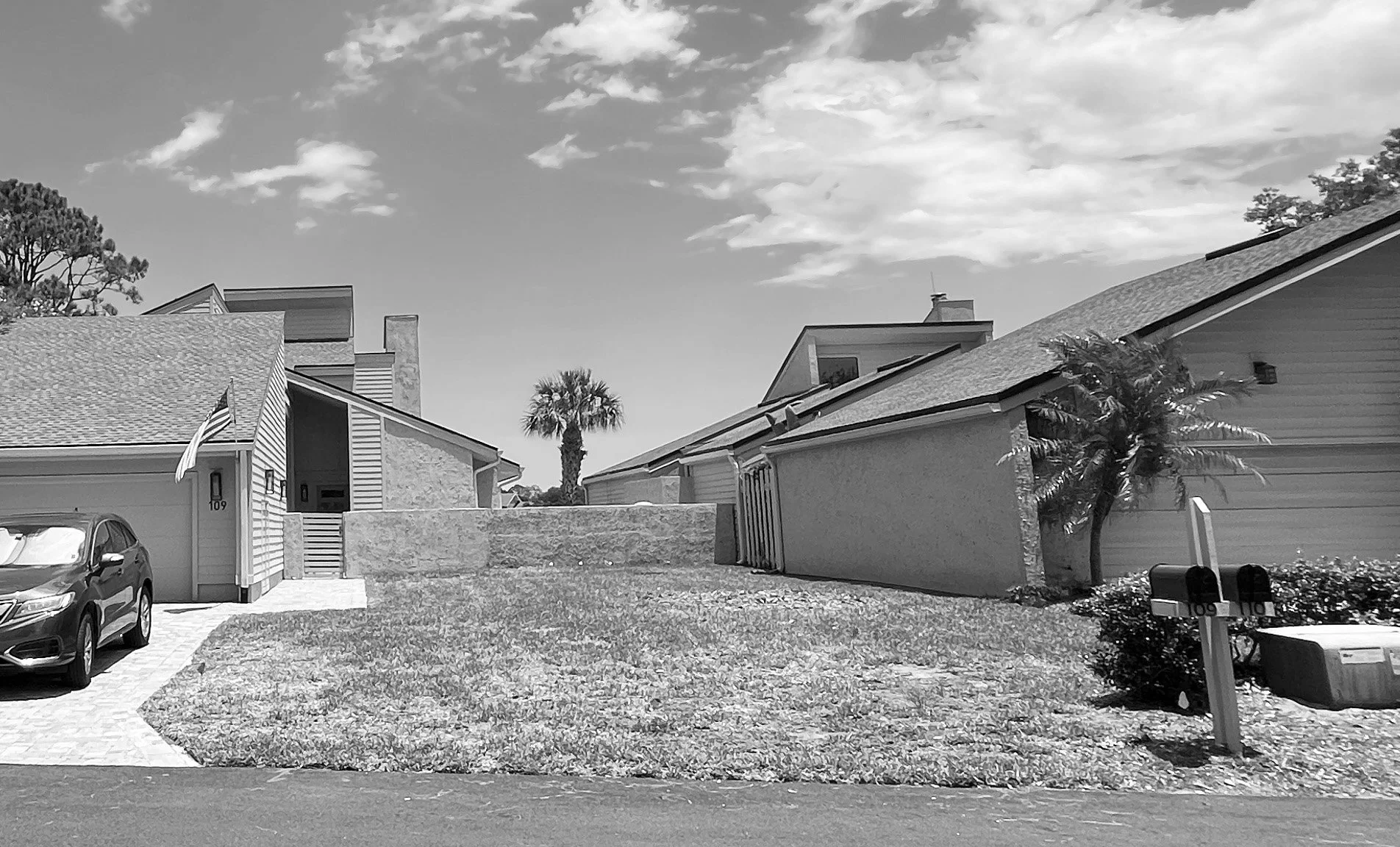 Residential backyard with houses, a driveway, palm trees, and a partly cloudy sky.