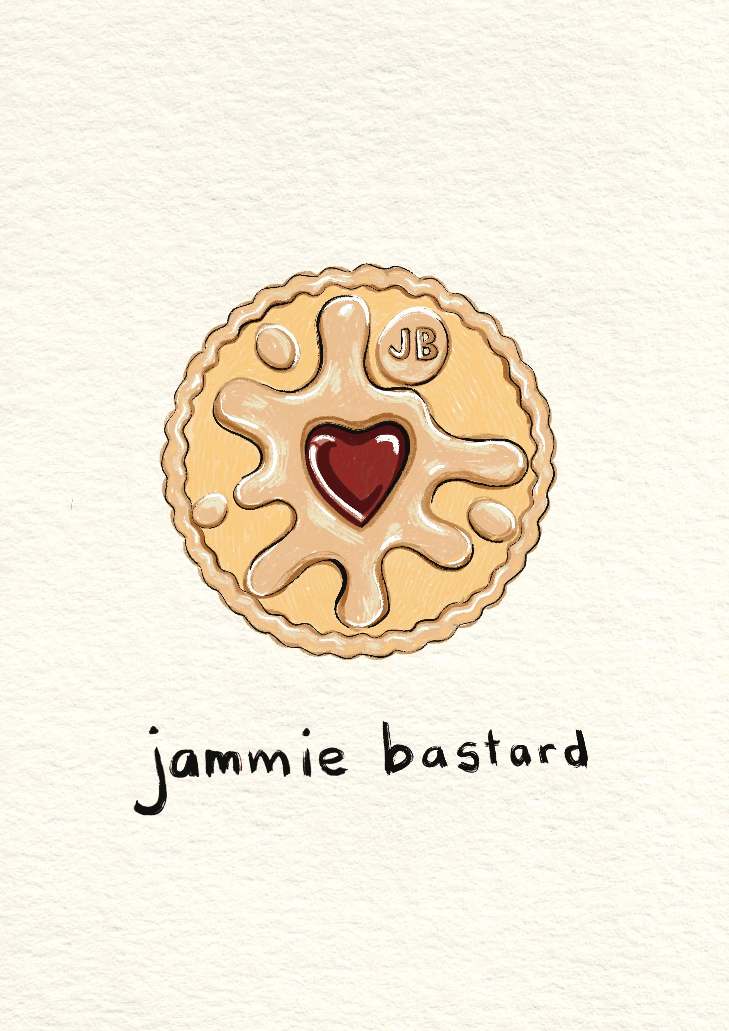 Illustration of a cookie with a red heart in the center, a small circle with the initials 'JB', and a name underneath reading 'jammie bastard'.