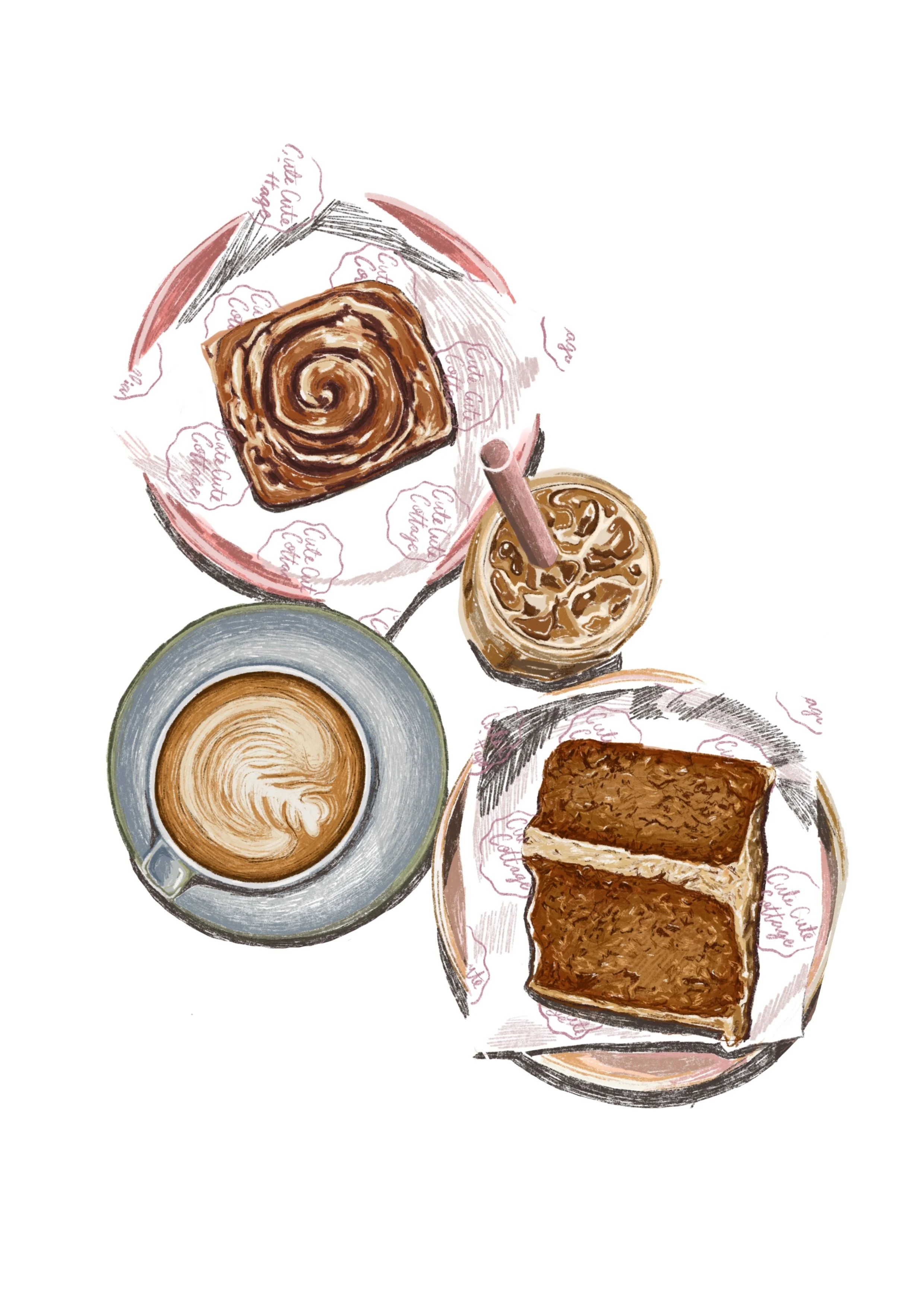 A top-down illustration of a coffee and pastry breakfast: a latte with latte art, a cinnamon roll on pink paper, iced coffee in a glass, and two slices of coconut-cream filled cake on pink paper.