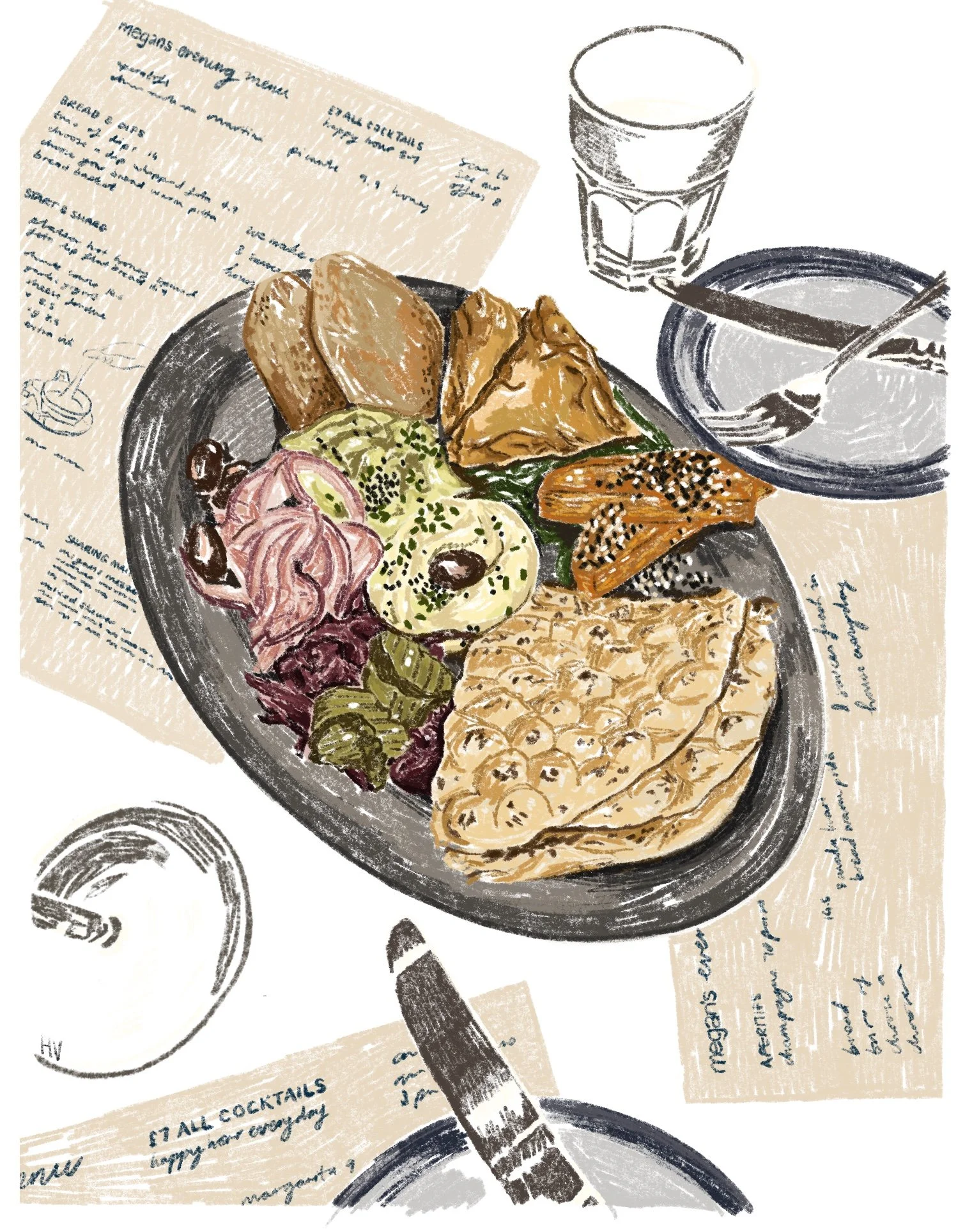 A digital illustration of a breakfast plate with toast, bagels, smoked salmon, avocado, and vegetables on a table with a glass of water, a bowl with a spoon, and handwritten menus.