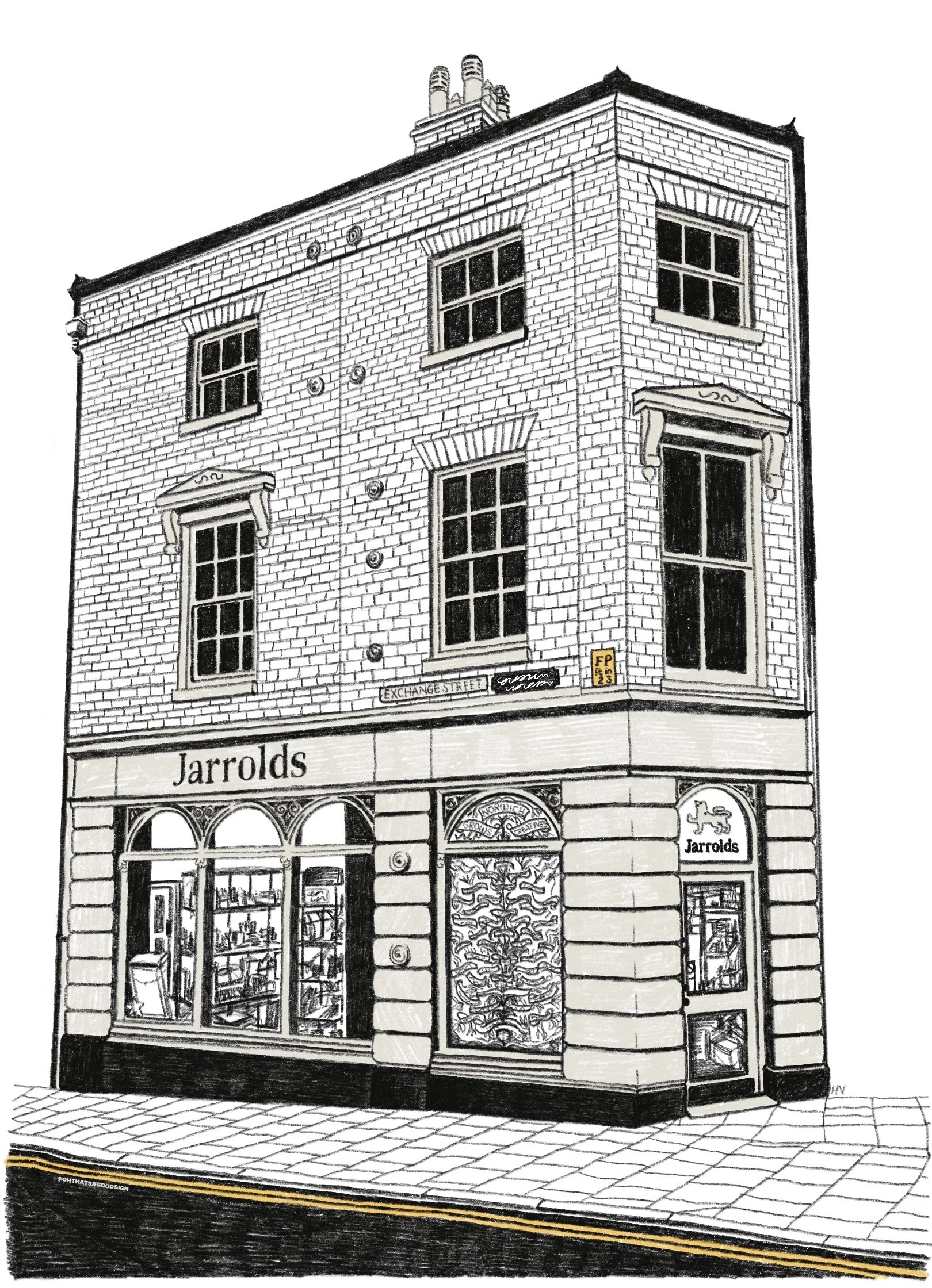 A black and white illustration of a corner store named Jarrolds with large display windows on the ground floor and four upper windows. The sign says Jarrolds, and there's a decorative door with a tree design. The building has brick walls and decorati