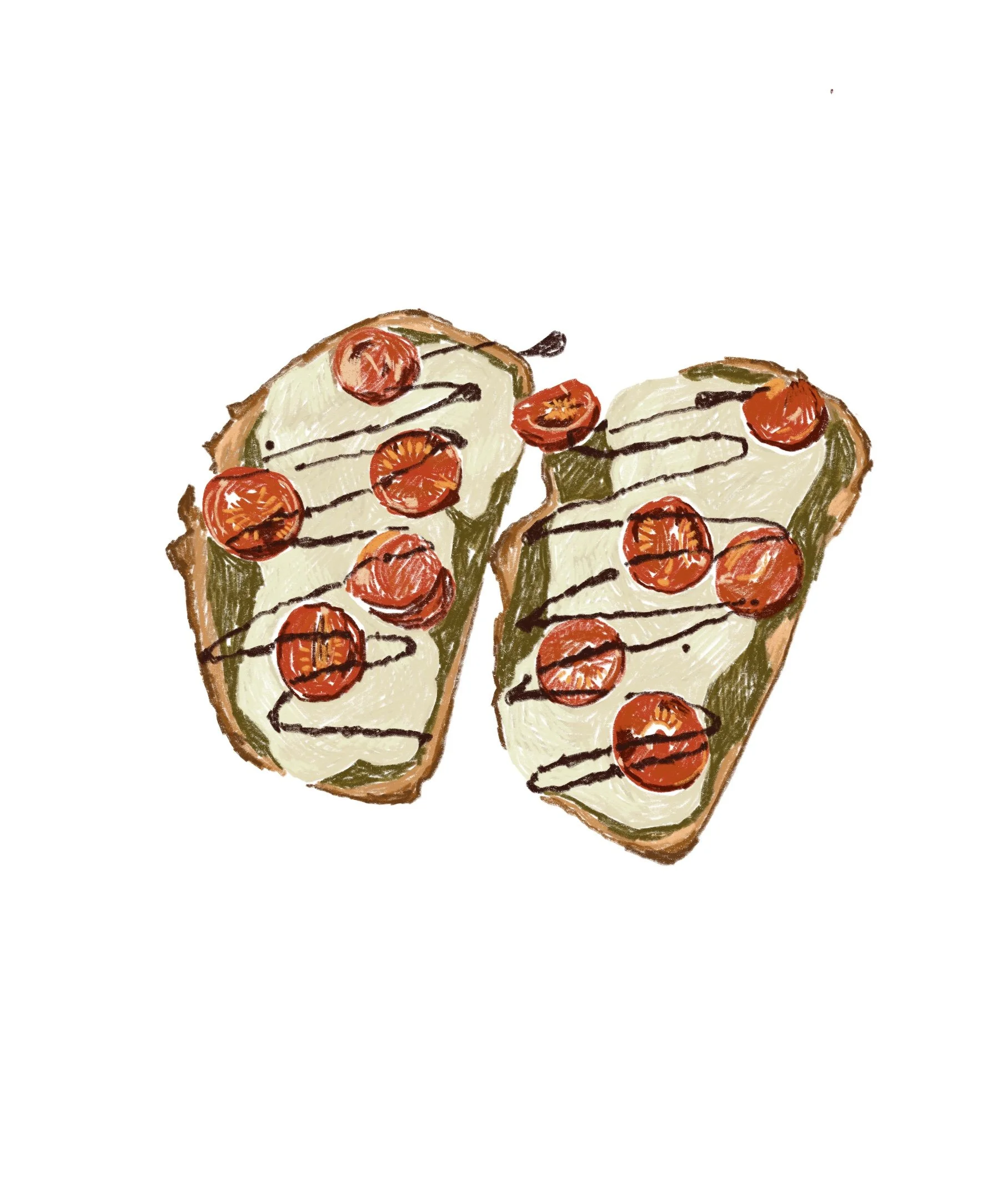 Two slices of bread with cheese, cherry tomatoes, chopped green herbs, and drizzled with balsamic glaze.