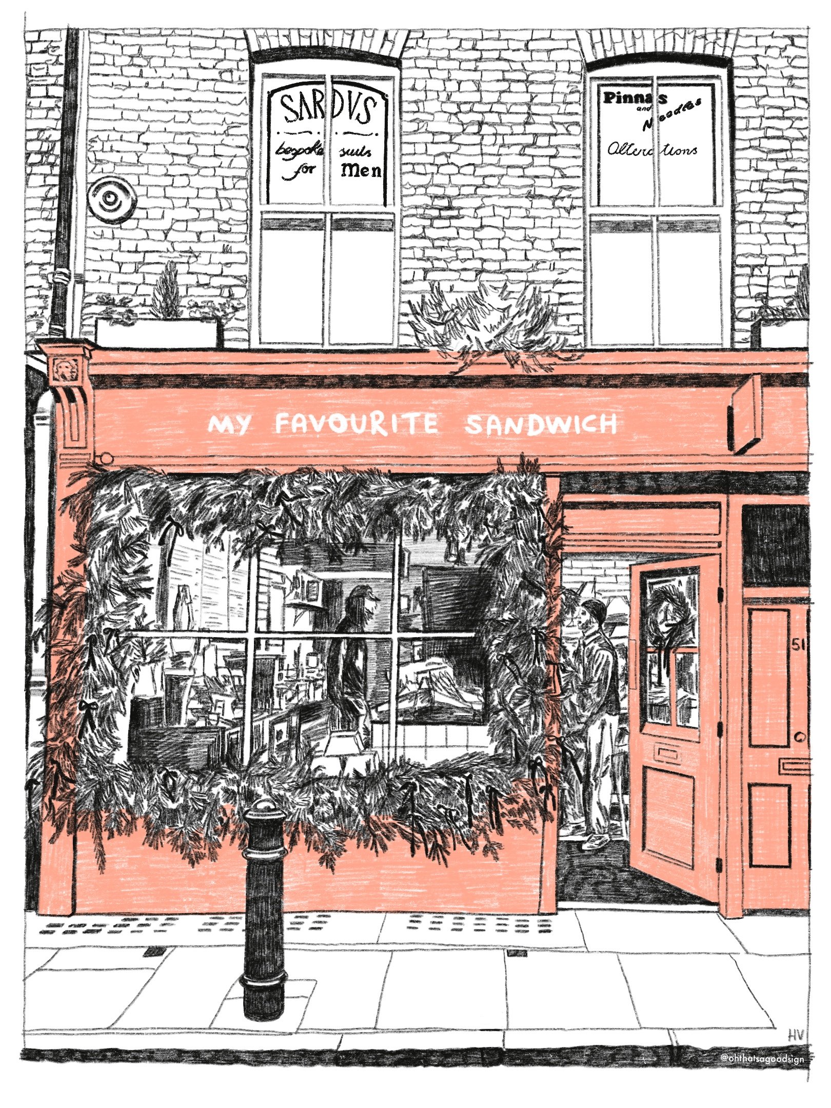 Drawing of a storefront with a sign that reads 'My Favorite Sandwich,' decorated with greenery. Inside, two people are talking, with shelves and other interior elements visible.