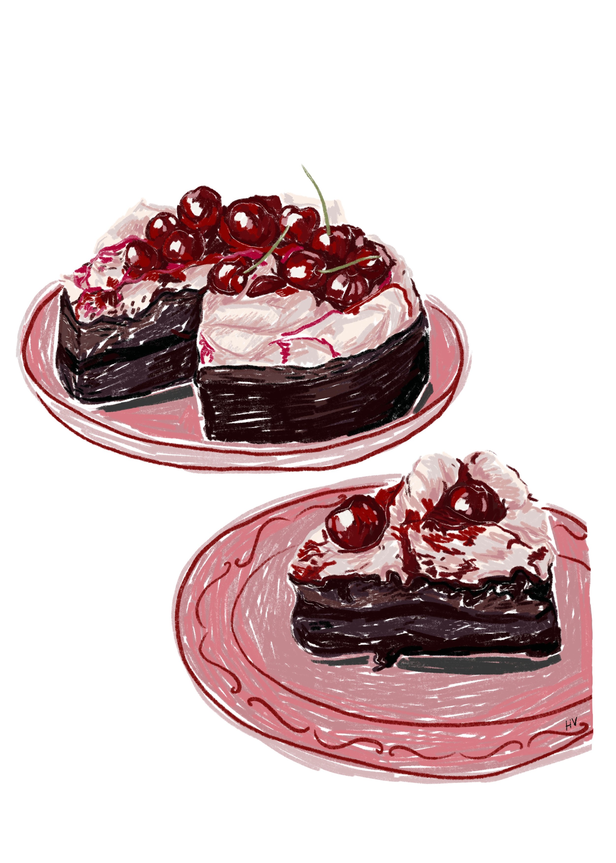Illustration of a chocolate cherry cake with a slice served on a separate plate, topped with cherries and whipped cream