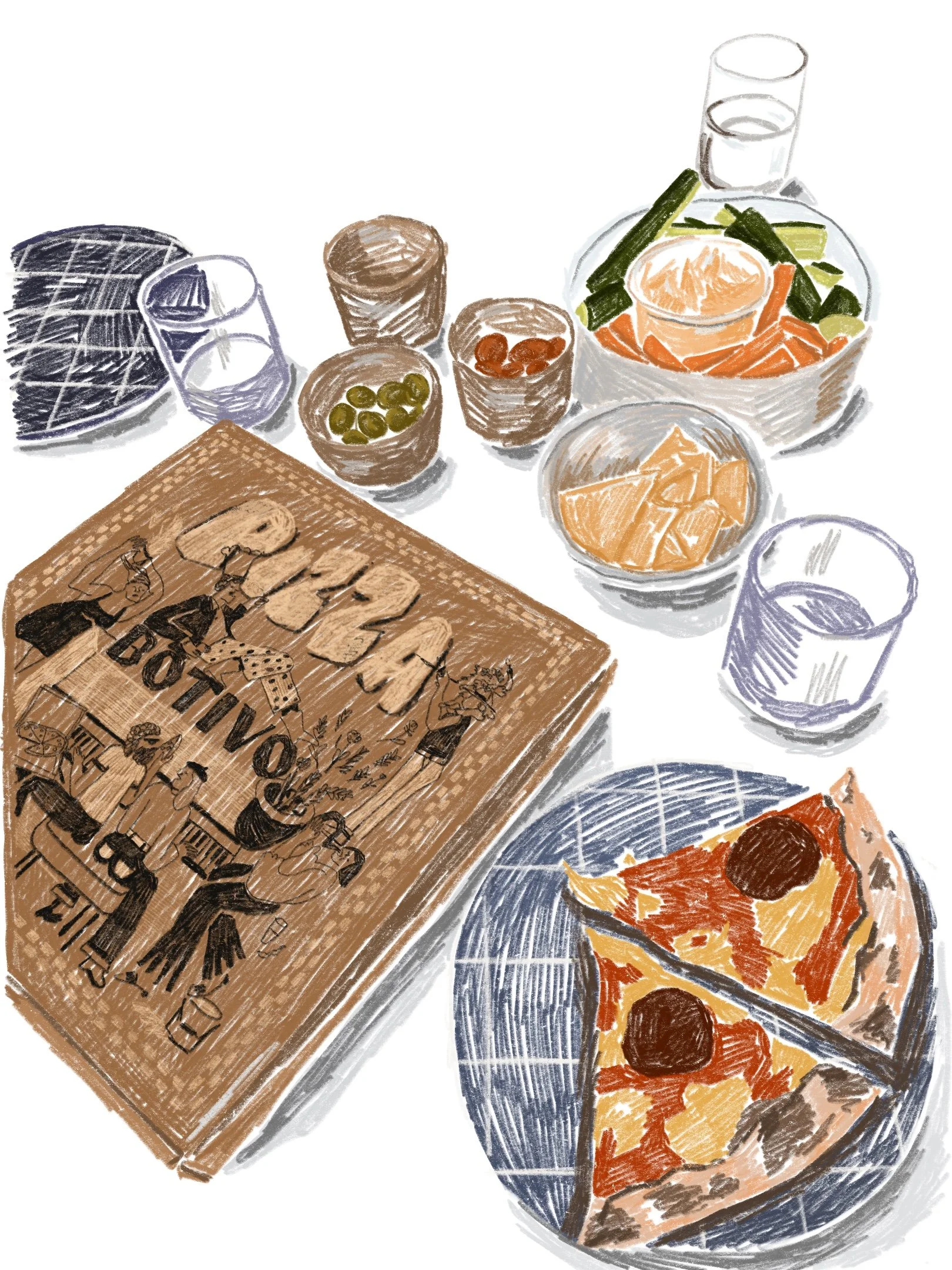 A table set with a pizza, a board game, a salad with vegetables, bowls with olives and other snacks, drinking glasses, and water glasses.