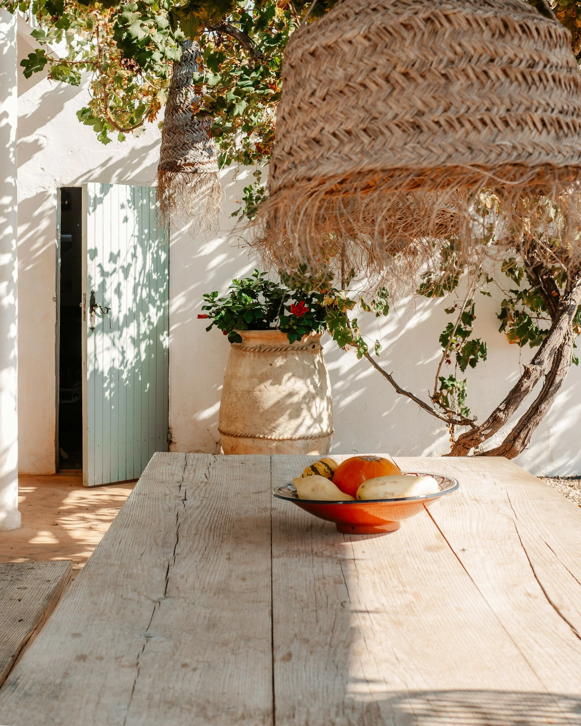 A rustic outdoor dining space with a wooden table holding a bowl of mixed vegetables, surrounded by sunlit white walls, greenery, and a hanging wicker lamp.