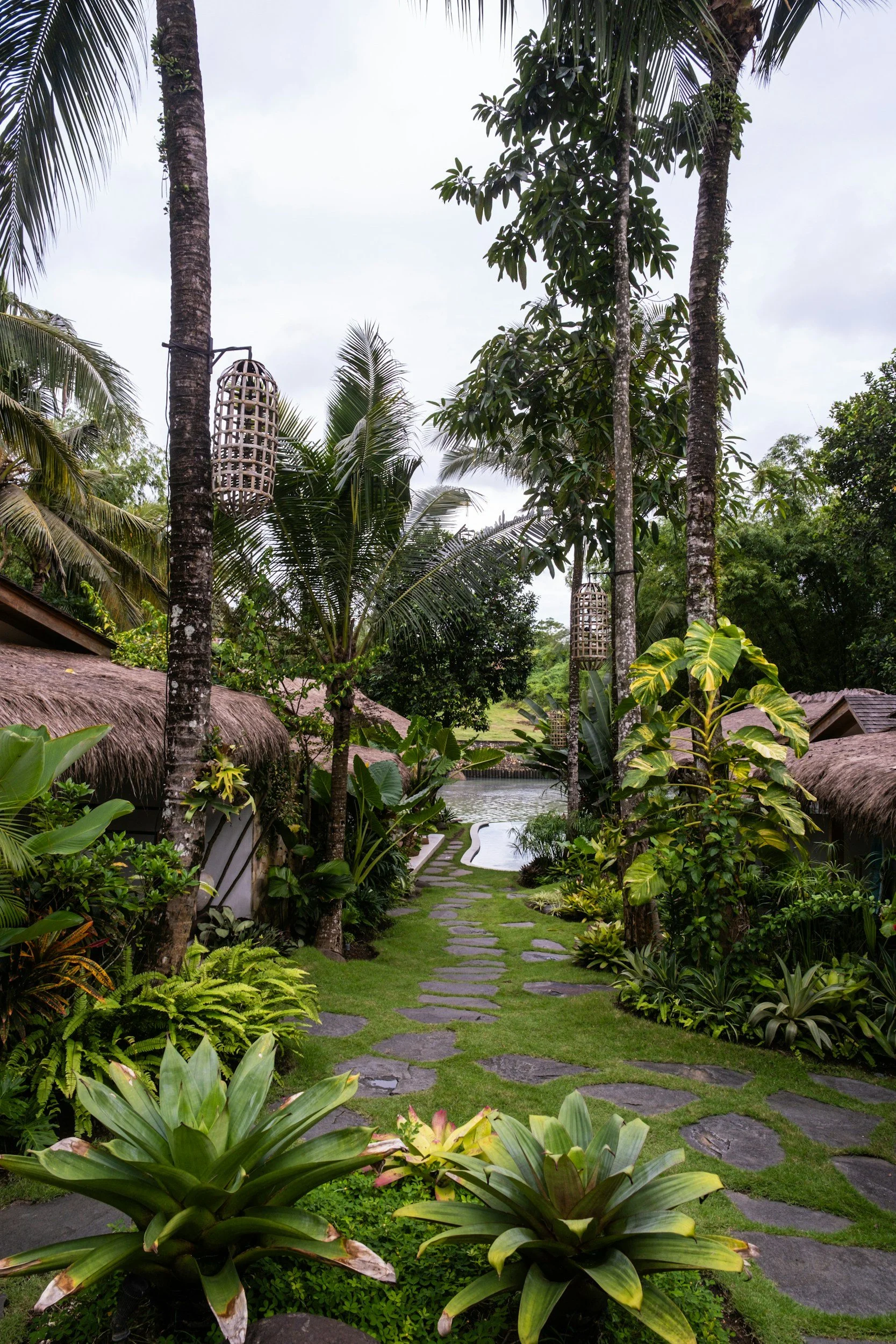A tropical garden path with stone stepping stones leading to a pool, surrounded by lush green plants and tall palm trees.