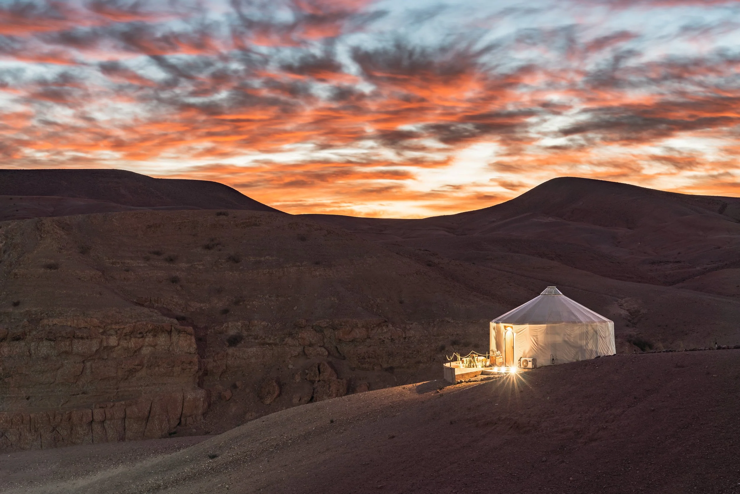 Warm evening light across the hills of Morocco’s Agafay Desert