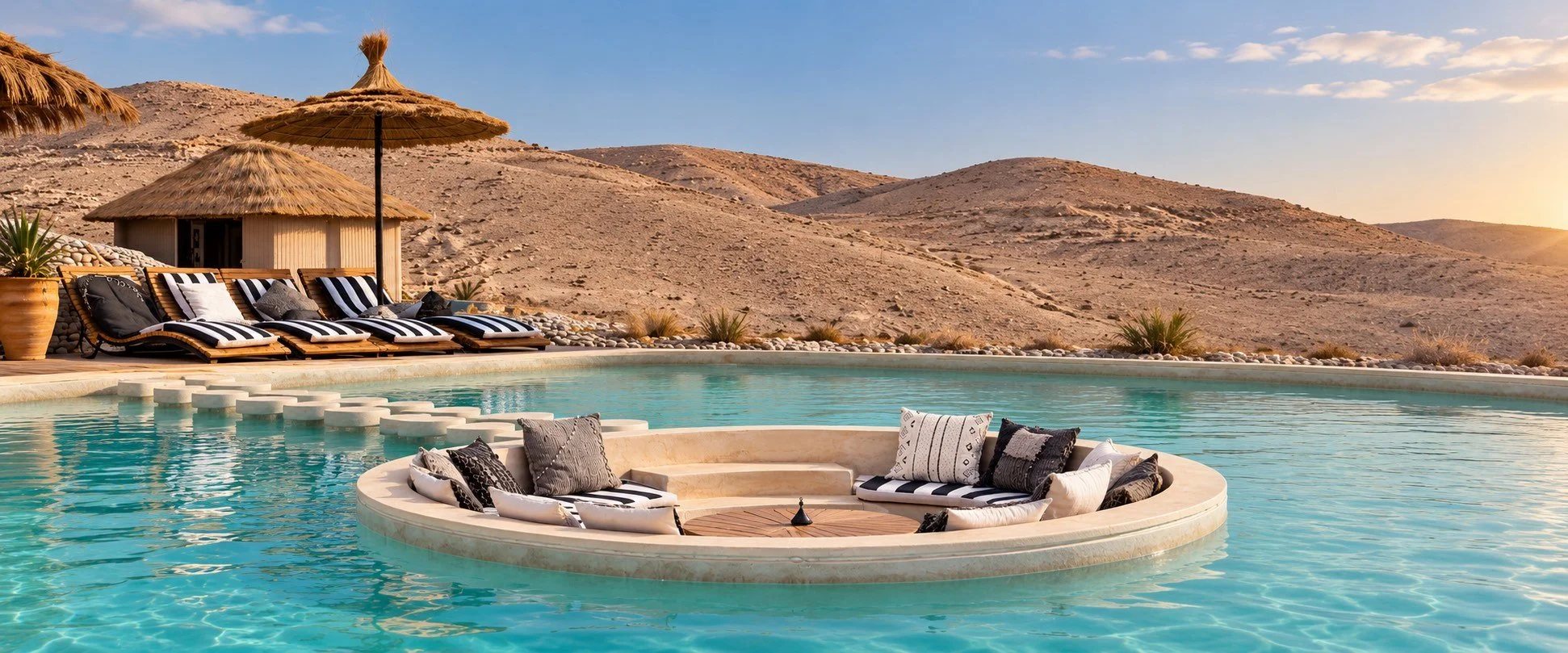 Desert-inspired pool scene with circular sunken seating and Agafay hills, created from venue imagery.