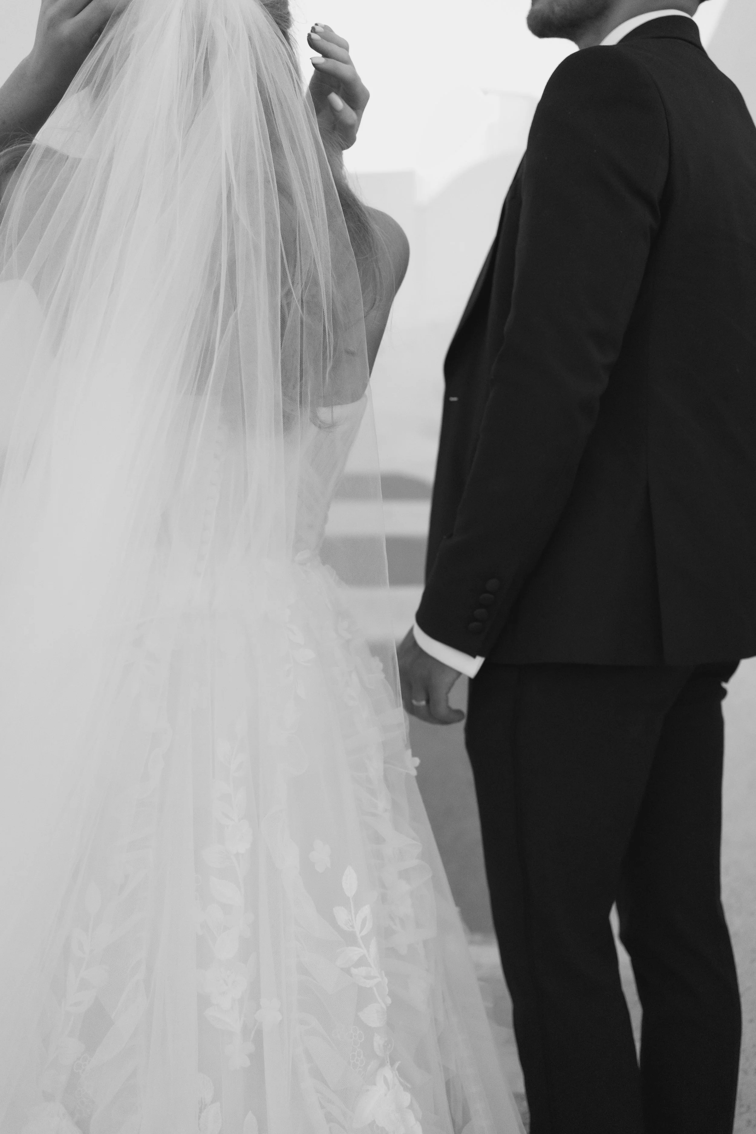 A bride and groom holding hands during their wedding ceremony, with the bride wearing a veil and wedding dress, and the groom in a suit.