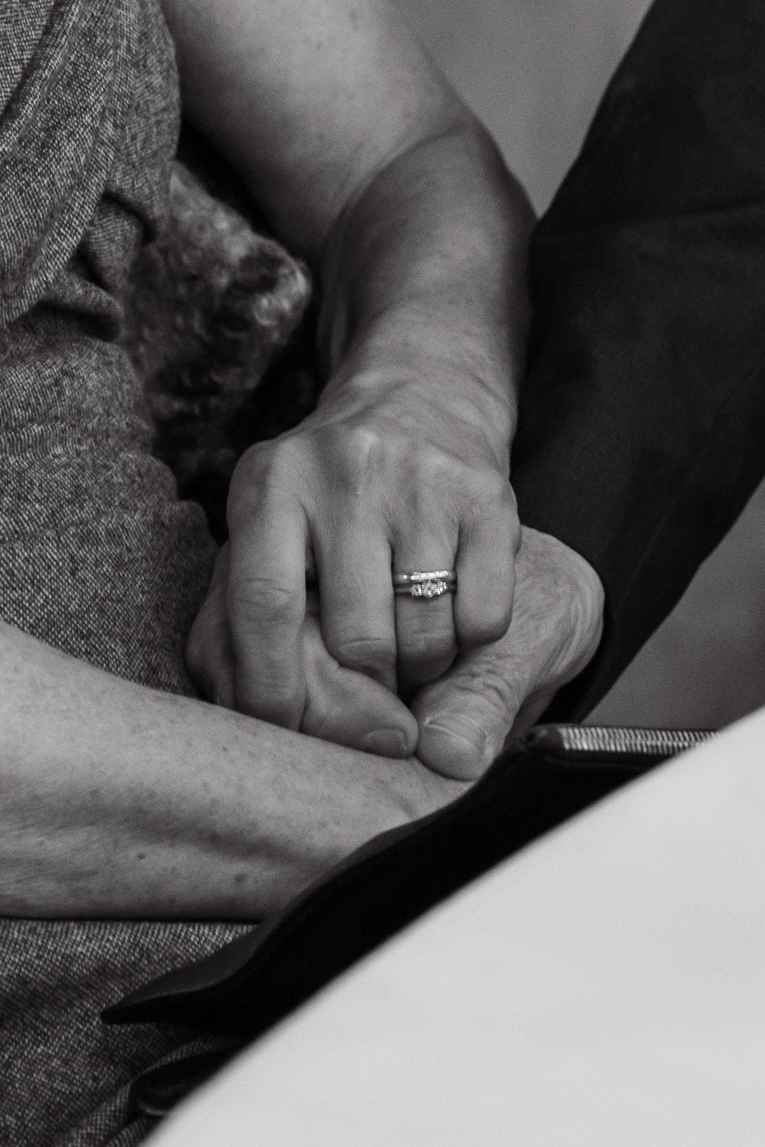 Close-up of an elderly couple holding hands, showing wedding rings, black and white photograph.
