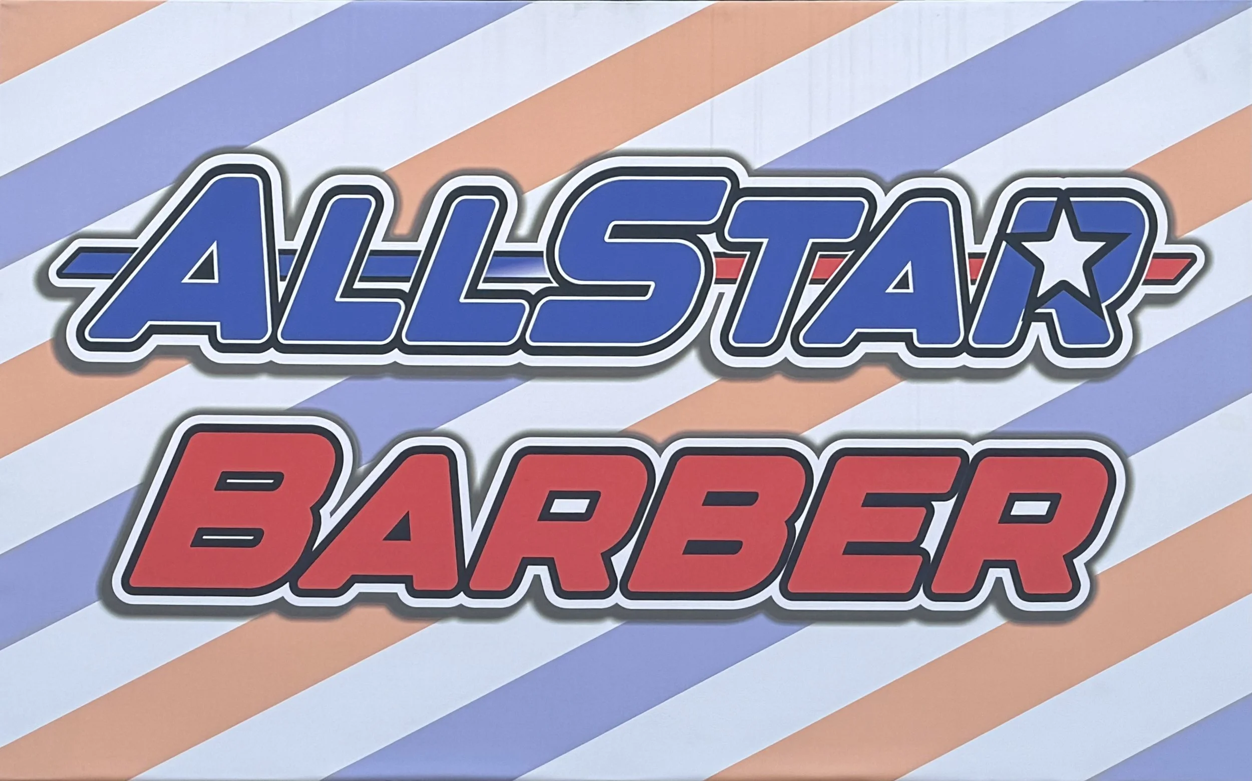 Sign with the words 'Allstar Barber' in blue and red block letters, set against a striped background of red, blue, and white diagonal lines.